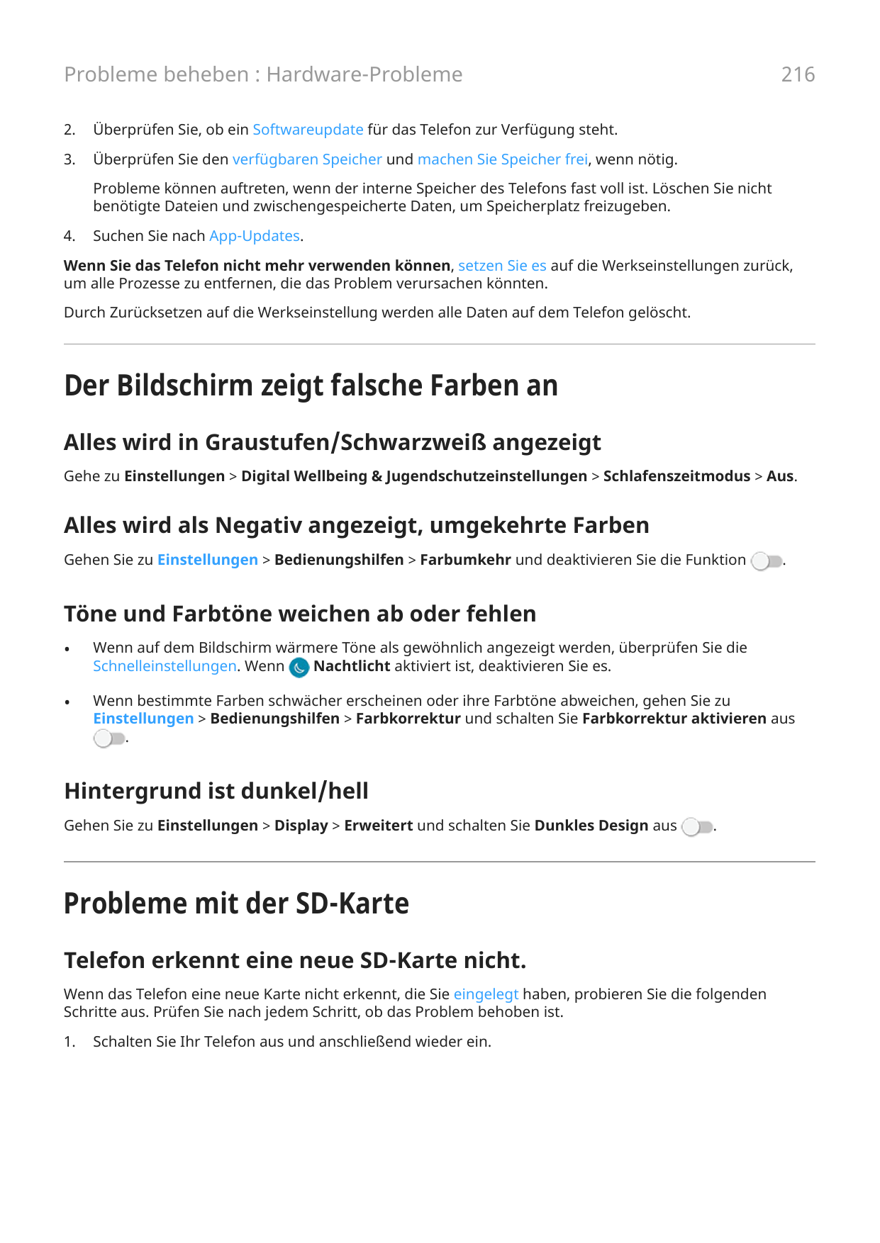 216Probleme beheben : Hardware-Probleme2.Überprüfen Sie, ob ein Softwareupdate für das Telefon zur Verfügung steht.3.Überprüfen 