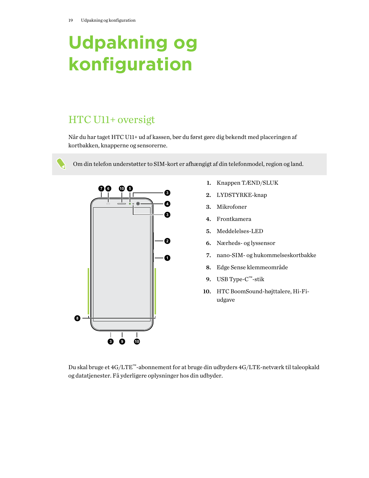 19Udpakning og konfigurationUdpakning ogkonfigurationHTC U11+ oversigtNår du har taget HTC U11+ ud af kassen, bør du først gøre 