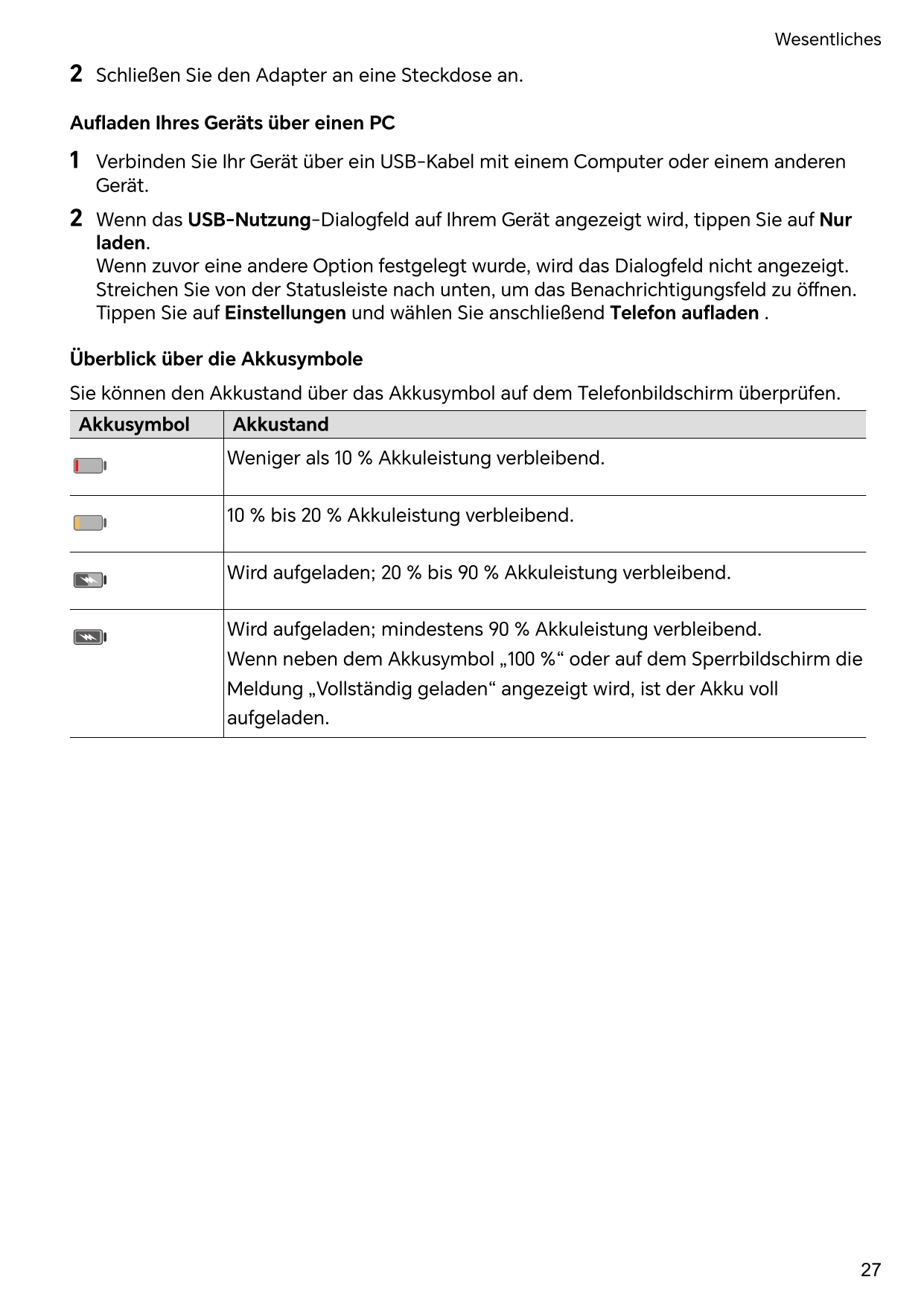 Wesentliches2Schließen Sie den Adapter an eine Steckdose an.Aufladen Ihres Geräts über einen PC1Verbinden Sie Ihr Gerät über ein