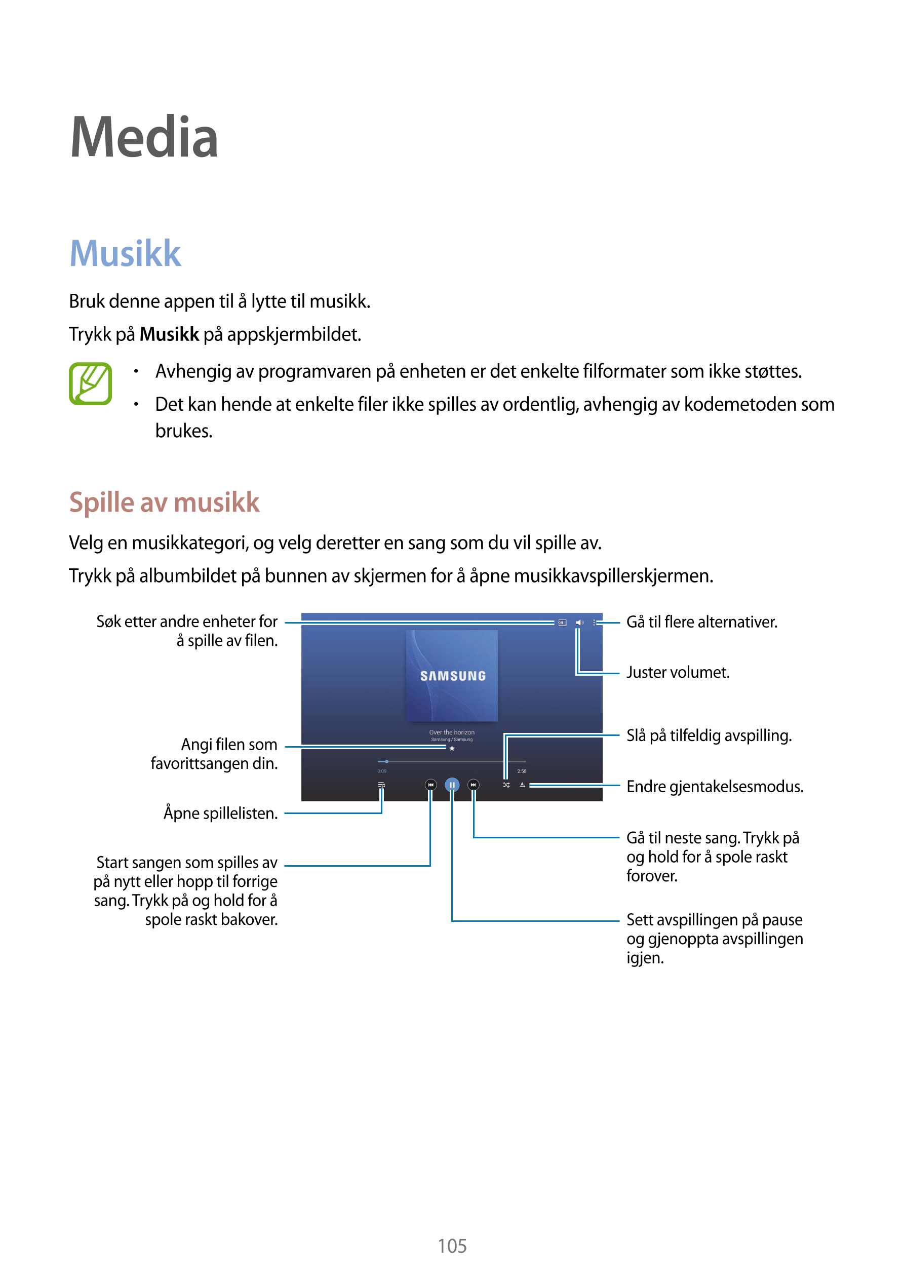 Media
Musikk
Bruk denne appen til å lytte til musikk.
Trykk på  Musikk på appskjermbildet.
•    Avhengig av programvaren på enhe