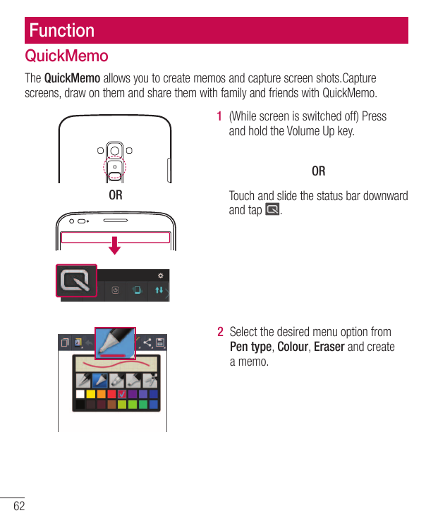 FunctionQuickMemoThe QuickMemo allows you to create memos and capture screen shots.Capturescreens, draw on them and share them w