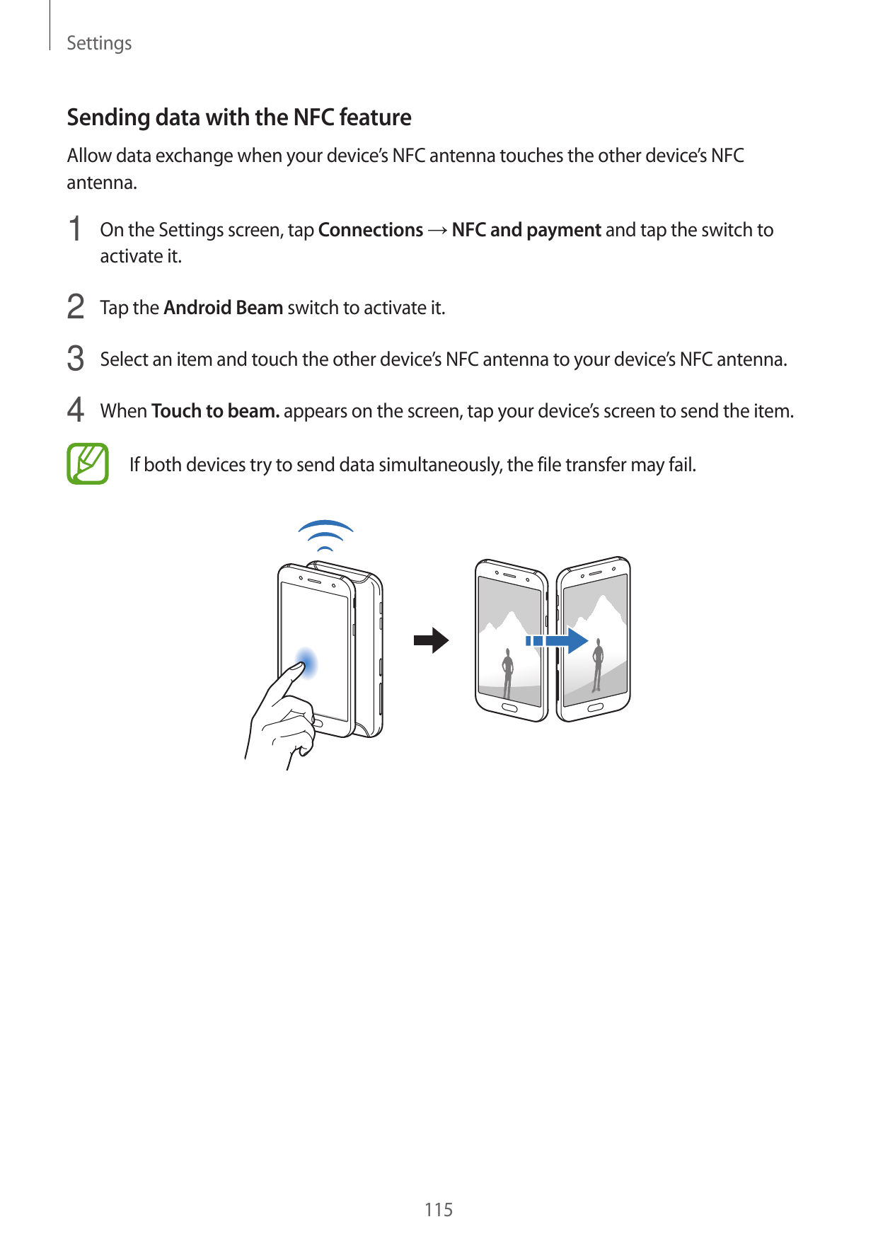 SettingsSending data with the NFC featureAllow data exchange when your device’s NFC antenna touches the other device’s NFCantenn