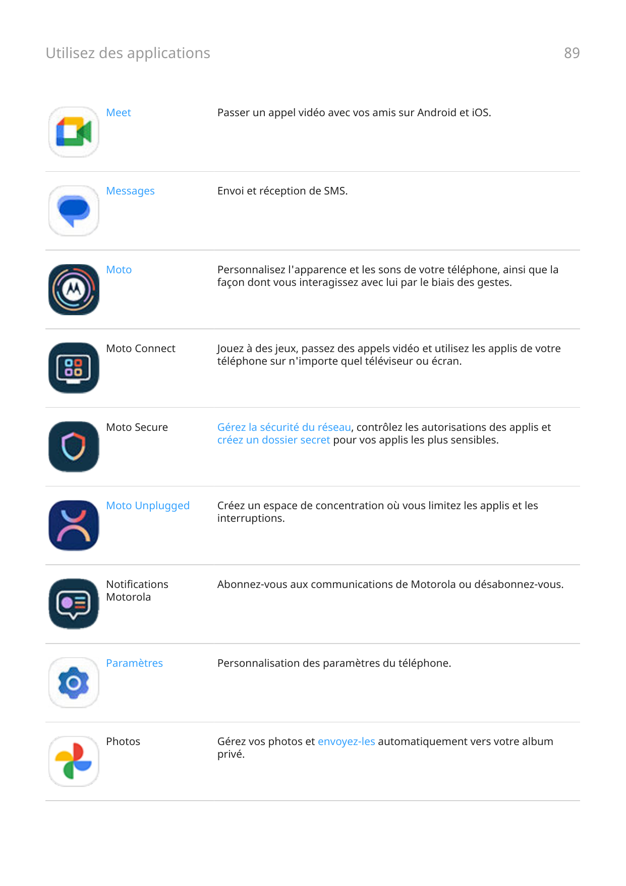Utilisez des applications89MeetPasser un appel vidéo avec vos amis sur Android et iOS.MessagesEnvoi et réception de SMS.MotoPers