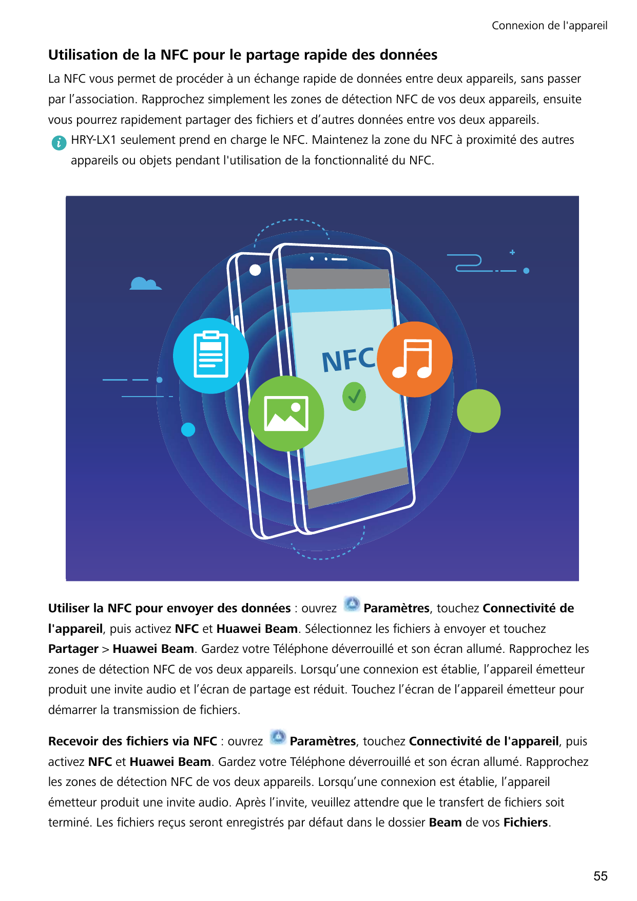 Connexion de l'appareilUtilisation de la NFC pour le partage rapide des donnéesLa NFC vous permet de procéder à un échange rapid