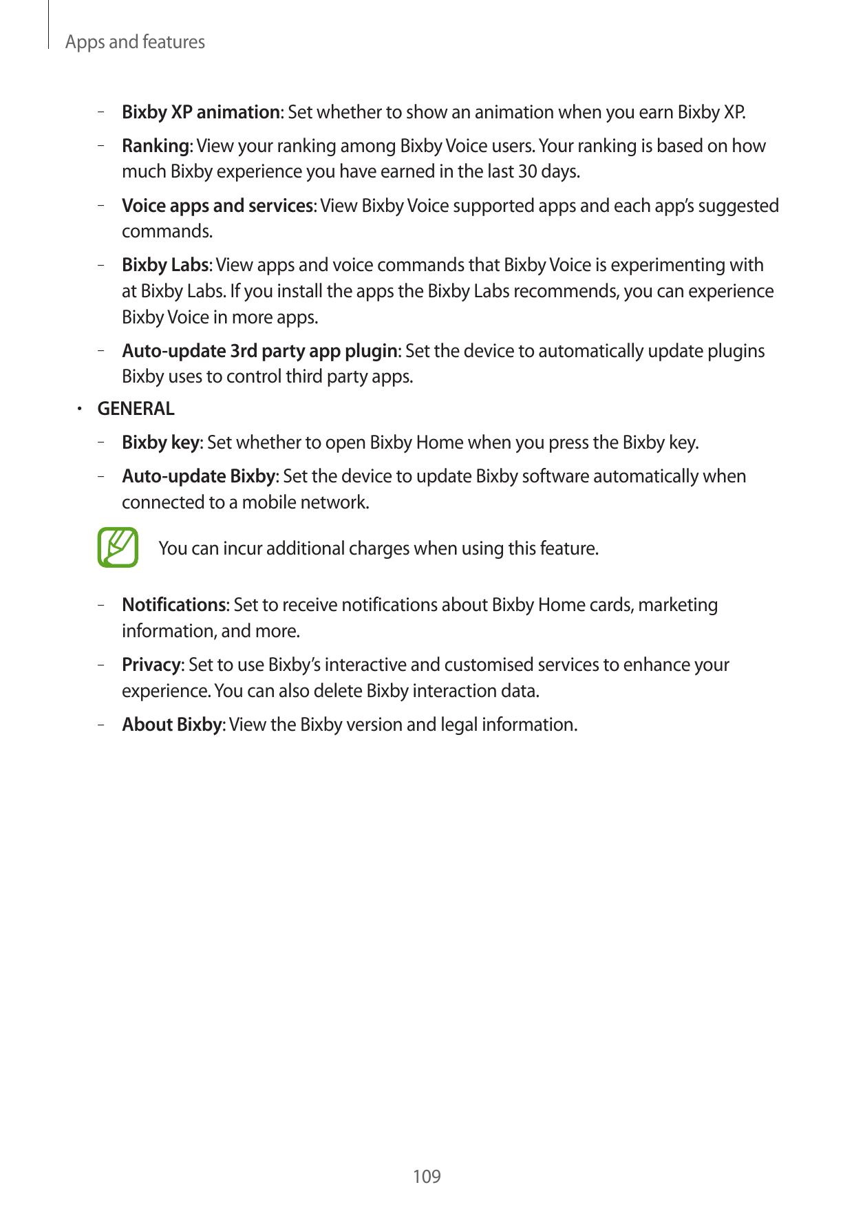 Apps and features– – Bixby XP animation: Set whether to show an animation when you earn Bixby XP.– – Ranking: View your ranking 