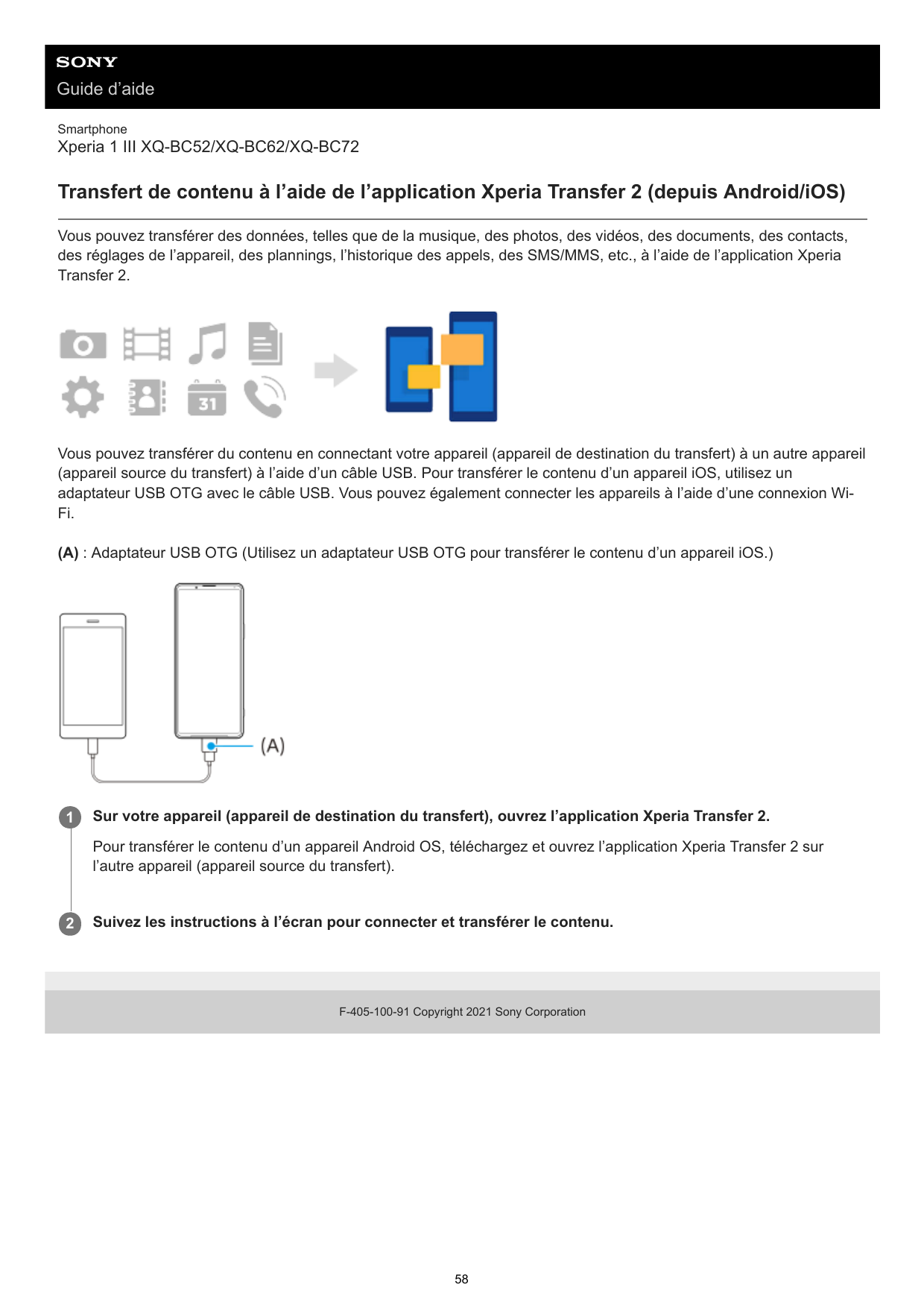 Guide d’aideSmartphoneXperia 1 III XQ-BC52/XQ-BC62/XQ-BC72Transfert de contenu à l’aide de l’application Xperia Transfer 2 (depu