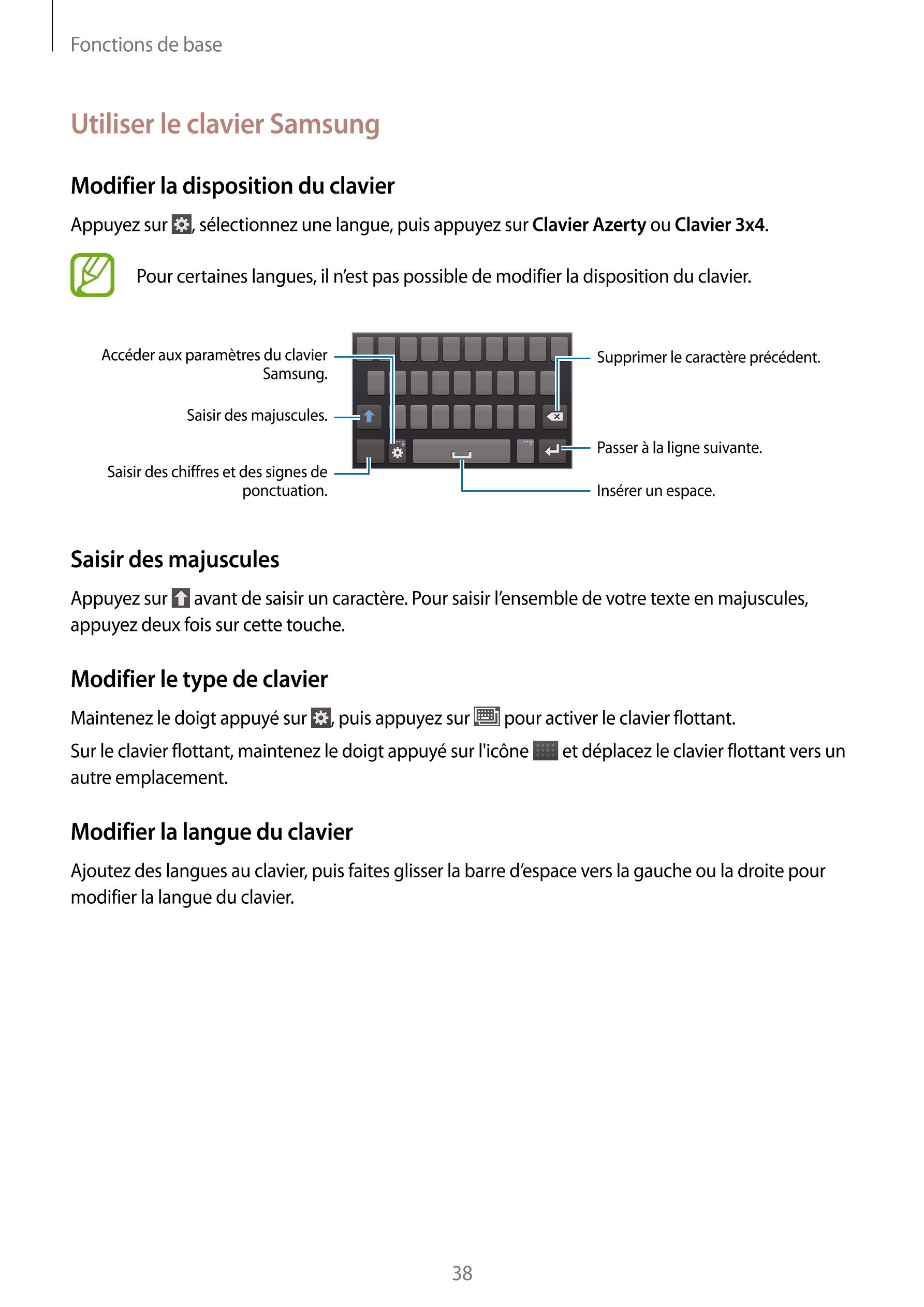 Fonctions de base
Utiliser le clavier Samsung
Modifier la disposition du clavier
Appuyez sur  , sélectionnez une langue, puis ap