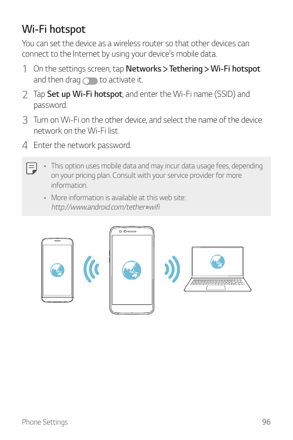 Wi-Fi hotspotYou can set the device as a wireless router so that other devices canconnect to the Internet by using your device's