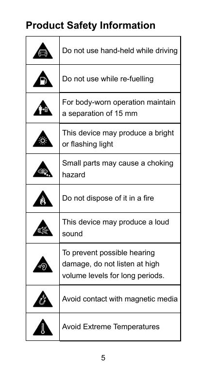 Product Safety InformationDo not use hand-held while drivingDo not use while re-fuellingFor body-worn operation maintaina separa