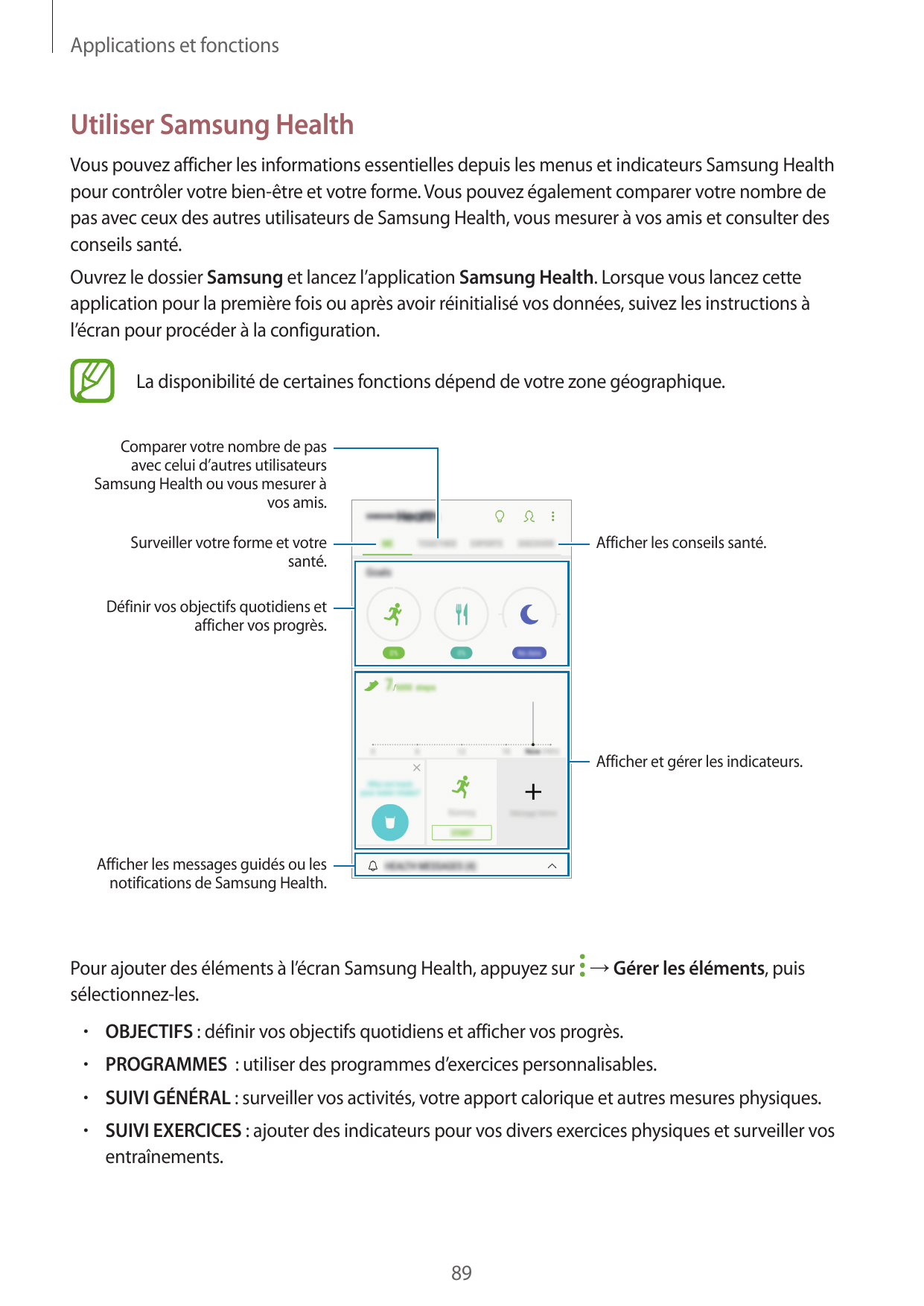 Applications et fonctionsUtiliser Samsung HealthVous pouvez afficher les informations essentielles depuis les menus et indicateu