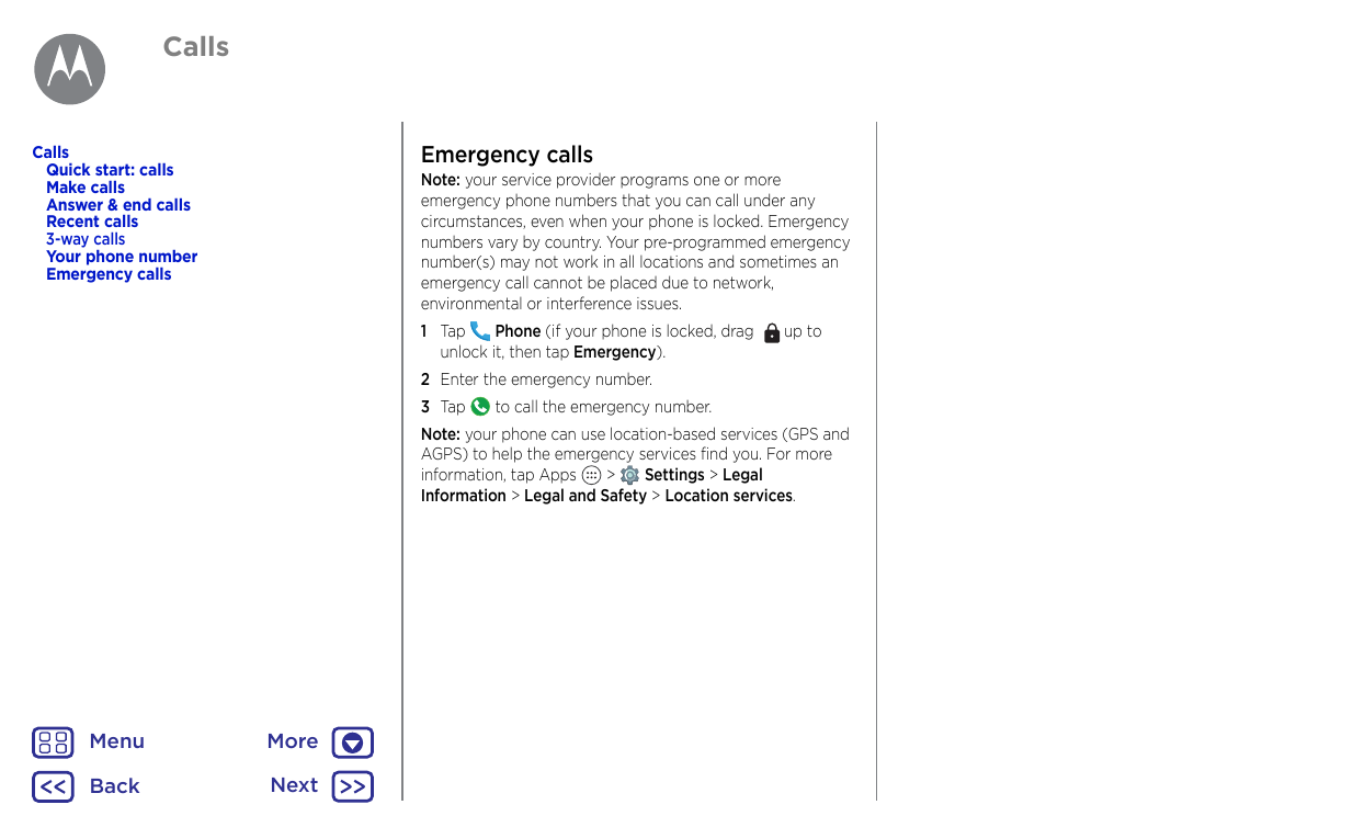 CallsEmergency callsCallsQuick start: callsMake callsAnswer & end callsRecent calls3-way callsYour phone numberEmergency callsNo