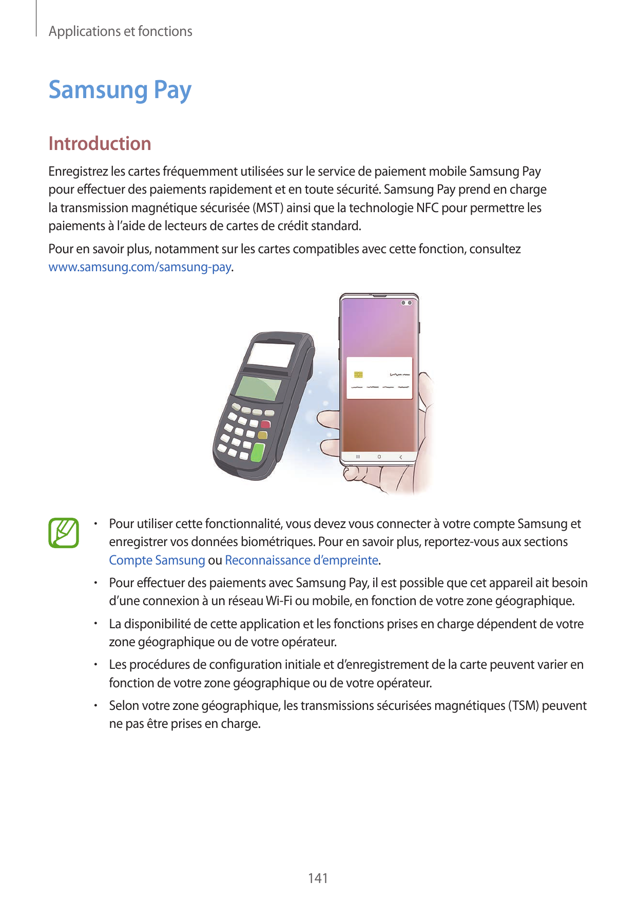 Applications et fonctionsSamsung PayIntroductionEnregistrez les cartes fréquemment utilisées sur le service de paiement mobile S