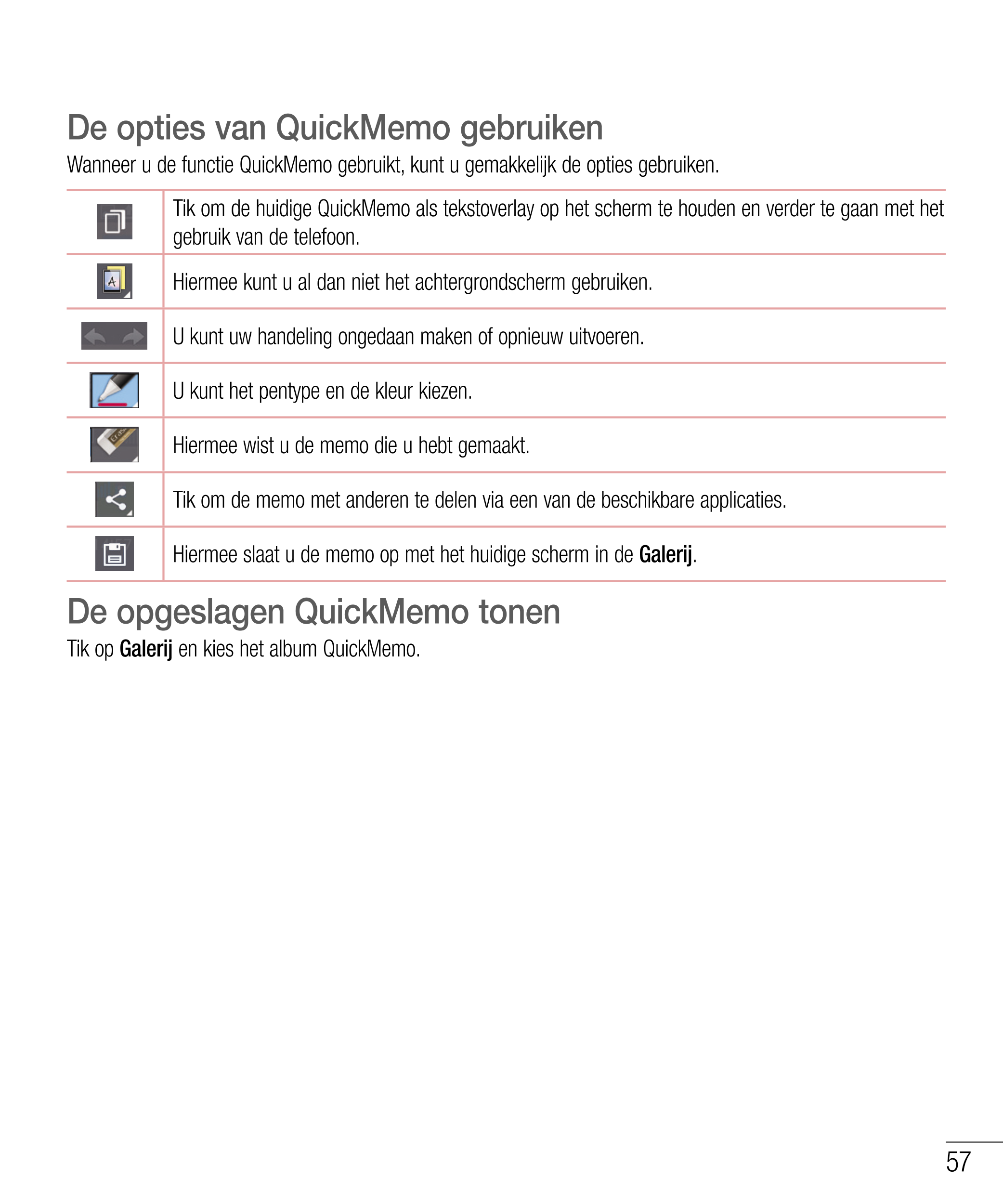 De opties van QuickMemo gebruiken
Wanneer u de functie QuickMemo gebruikt, kunt u gemakkelijk de opties gebruiken.
Tik om de hui