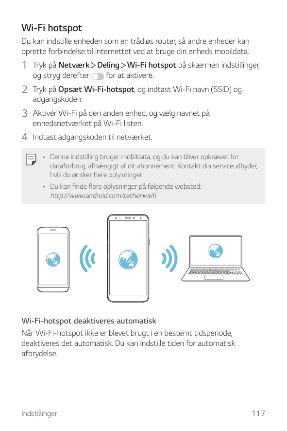 Wi-Fi hotspotDu kan indstille enheden som en trådløs router, så andre enheder kanoprette forbindelse til internettet ved at brug