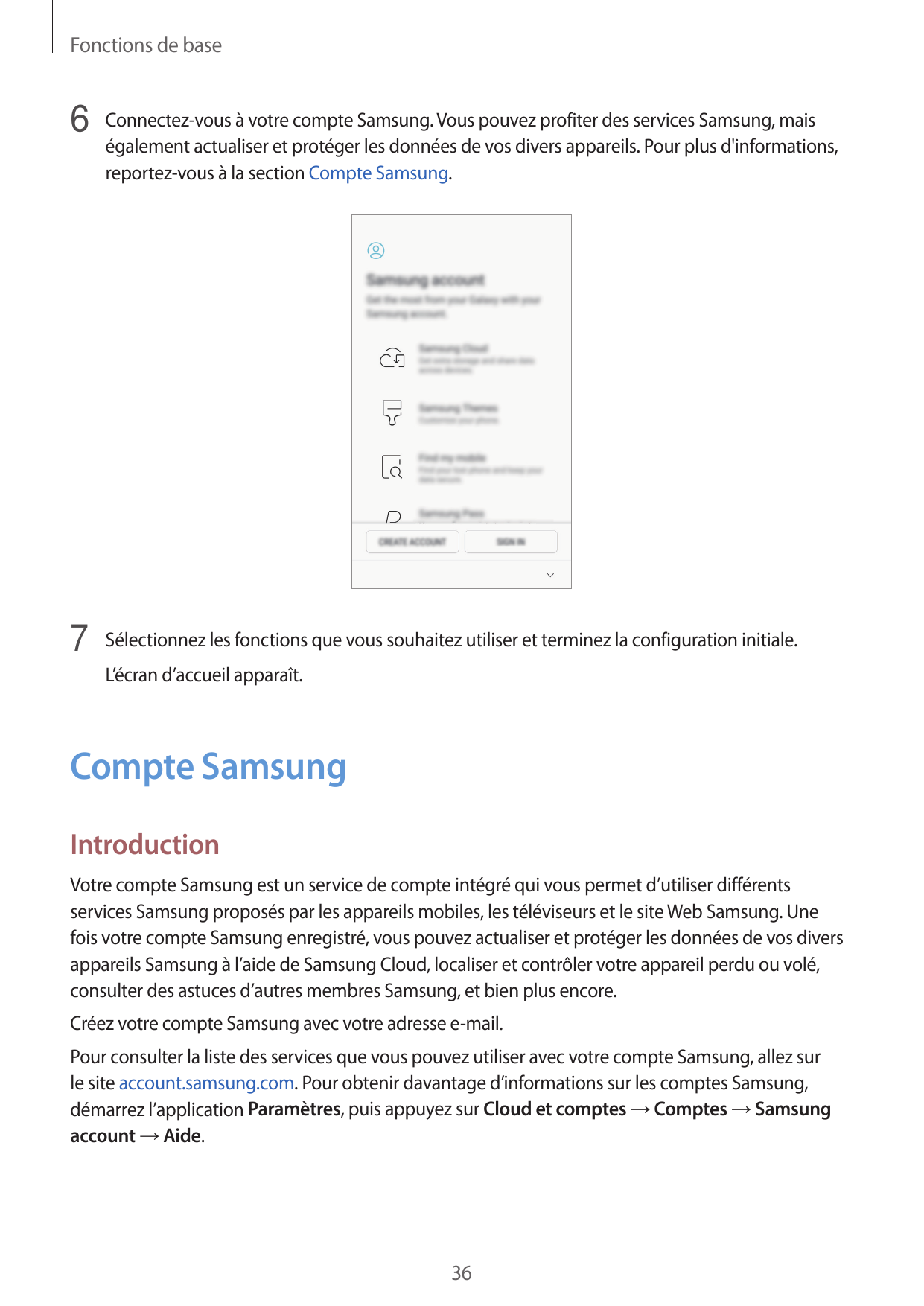 Fonctions de base6 Connectez-vous à votre compte Samsung. Vous pouvez profiter des services Samsung, maiségalement actualiser et