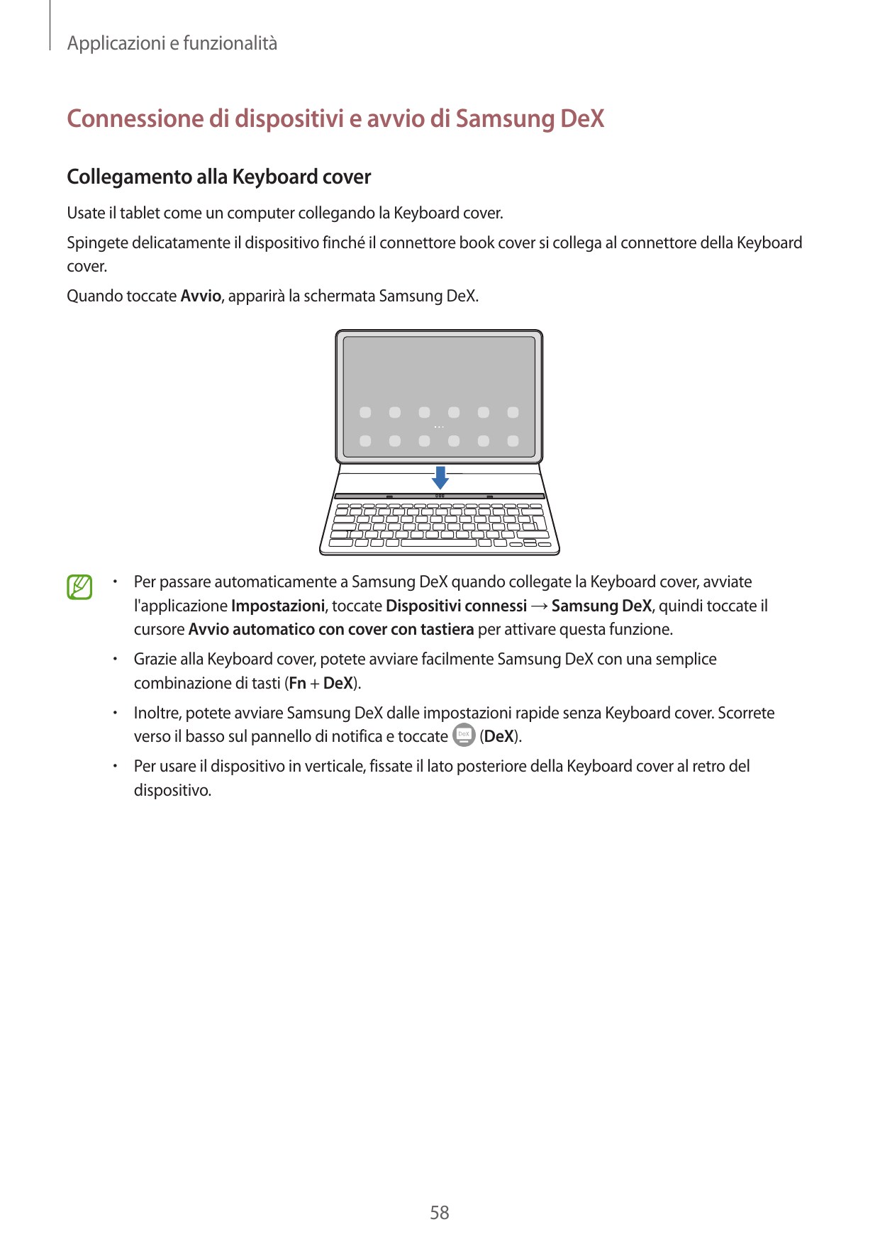 Applicazioni e funzionalitàConnessione di dispositivi e avvio di Samsung DeXCollegamento alla Keyboard coverUsate il tablet come
