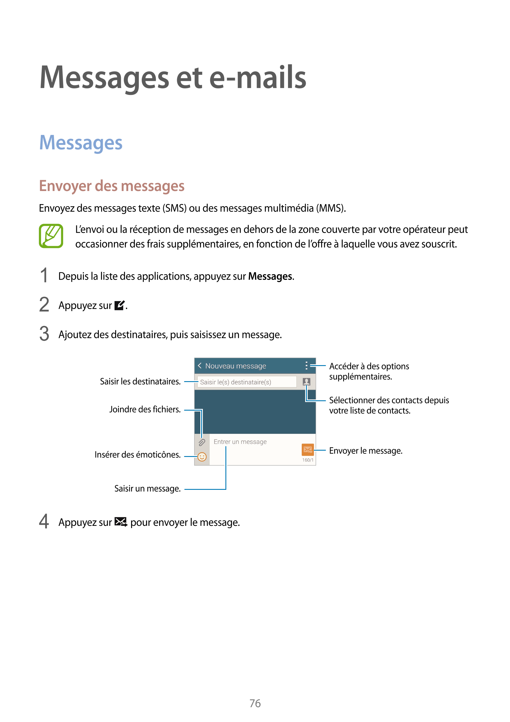 Messages et e-mails
Messages
Envoyer des messages
Envoyez des messages texte (SMS) ou des messages multimédia (MMS).
L’envoi ou 