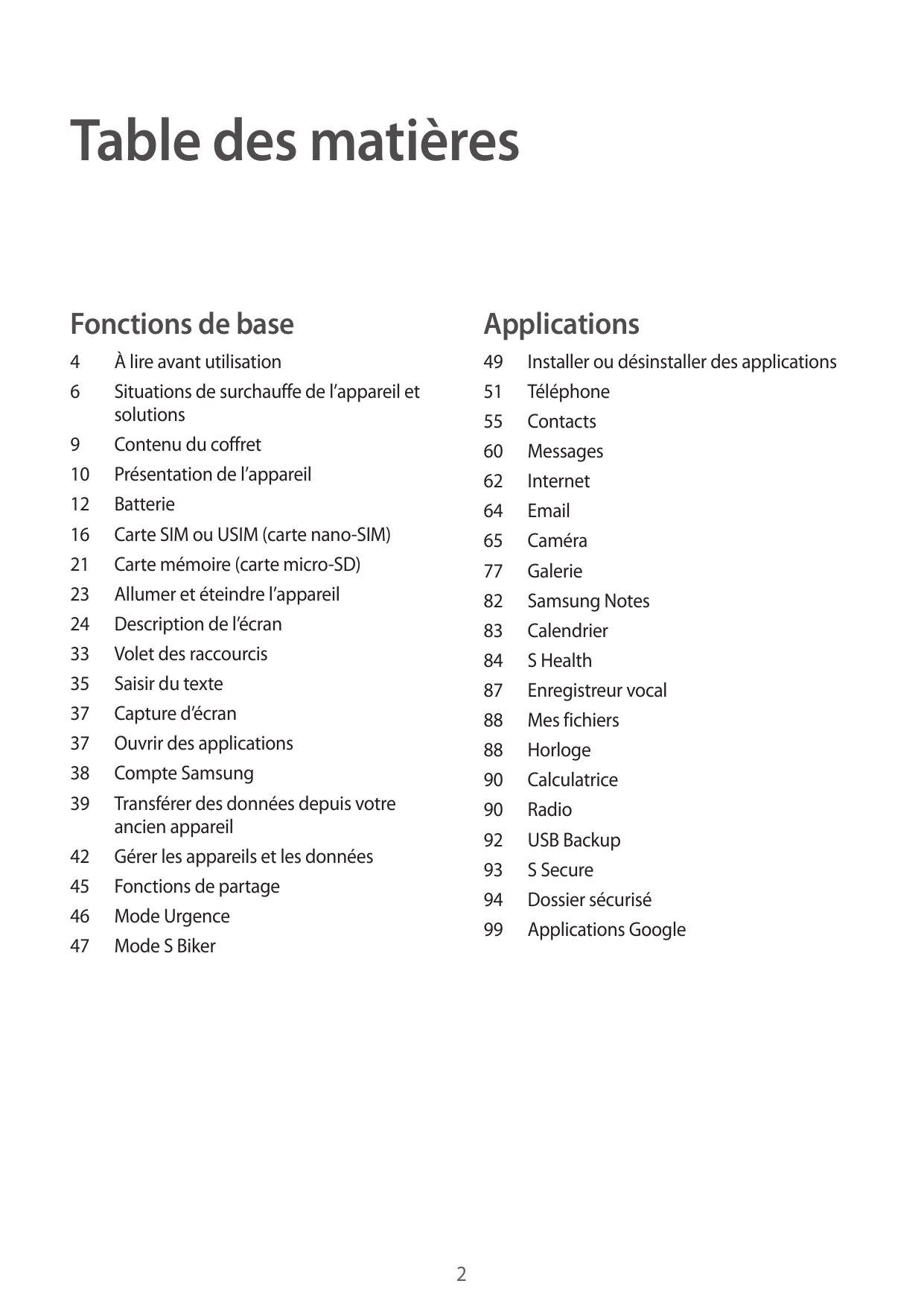 Table des matièresFonctions de baseApplications4649 Installer ou désinstaller des applications51Téléphone55Contacts60Messages62I