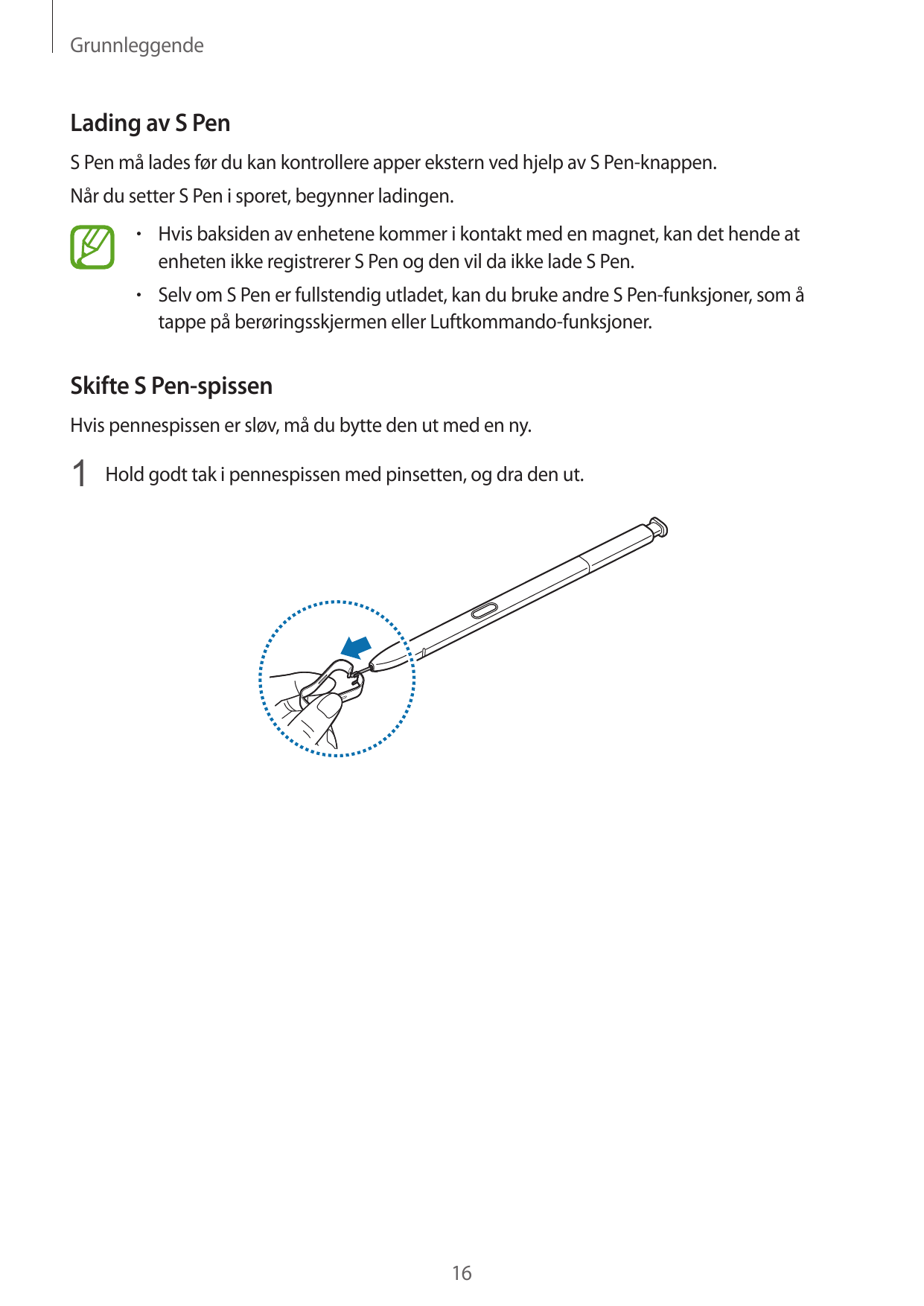 GrunnleggendeLading av S PenS Pen må lades før du kan kontrollere apper ekstern ved hjelp av S Pen-knappen.Når du setter S Pen i