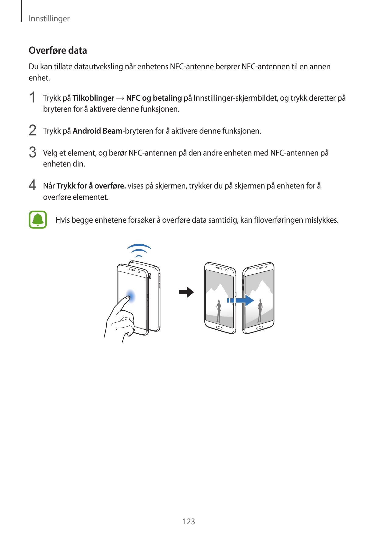 InnstillingerOverføre dataDu kan tillate datautveksling når enhetens NFC-antenne berører NFC-antennen til en annenenhet.1 Trykk 
