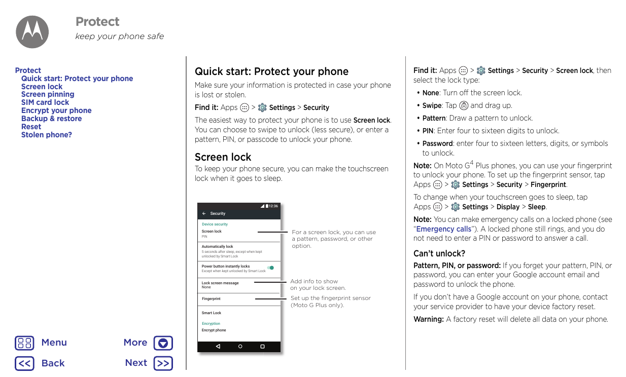 Protectkeep your phone safeProtectQuick start: Protect your phoneScreen lockScreen pinningSIM card lockEncrypt your phoneBackup 