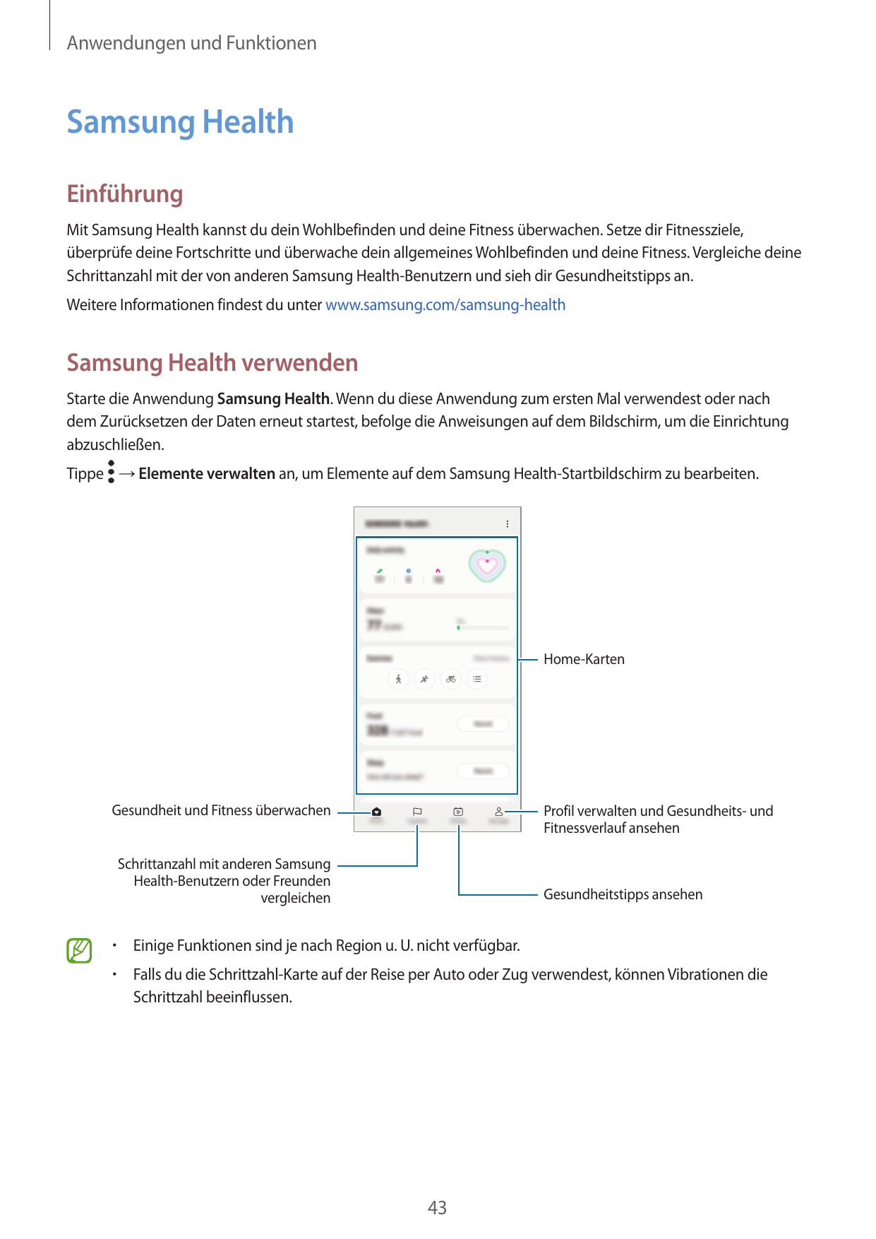 Anwendungen und FunktionenSamsung HealthEinführungMit Samsung Health kannst du dein Wohlbefinden und deine Fitness überwachen. S