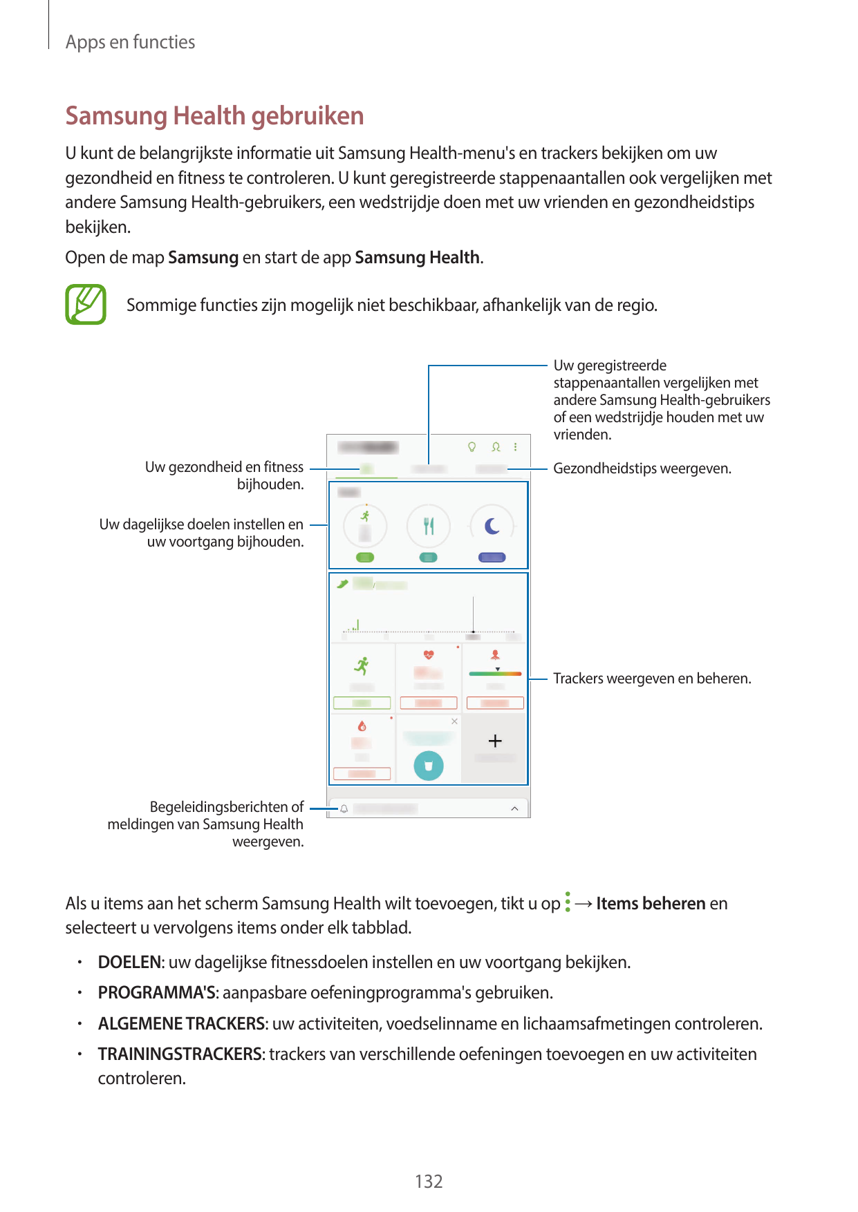 Apps en functiesSamsung Health gebruikenU kunt de belangrijkste informatie uit Samsung Health-menu's en trackers bekijken om uwg