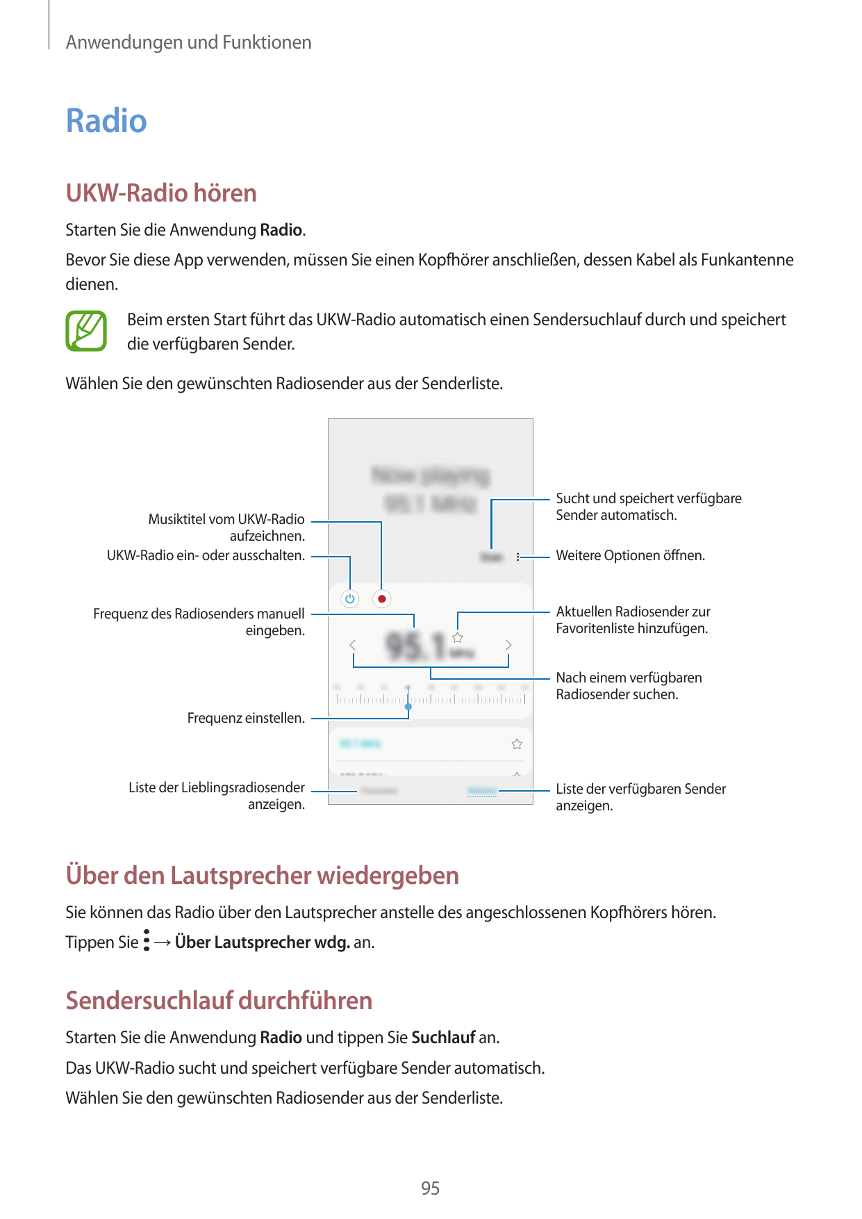 Anwendungen und FunktionenRadioUKW-Radio hörenStarten Sie die Anwendung Radio.Bevor Sie diese App verwenden, müssen Sie einen Ko