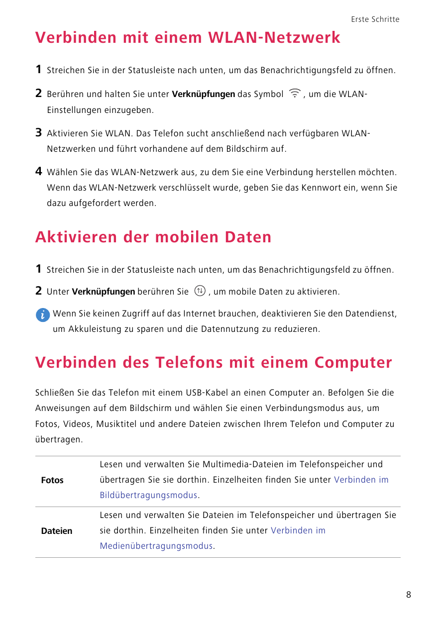 Erste SchritteVerbinden mit einem WLAN-Netzwerk1Streichen Sie in der Statusleiste nach unten, um das Benachrichtigungsfeld zu öf