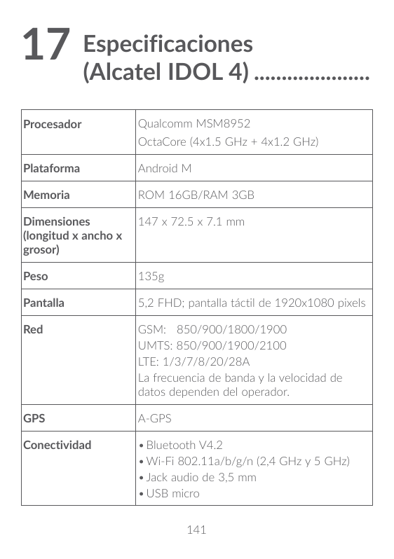 17Especificaciones(Alcatel IDOL 4)���������������������ProcesadorQualcomm MSM8952OctaCore (4x1.5 GHz + 4x1.2 GHz)PlataformaAndro