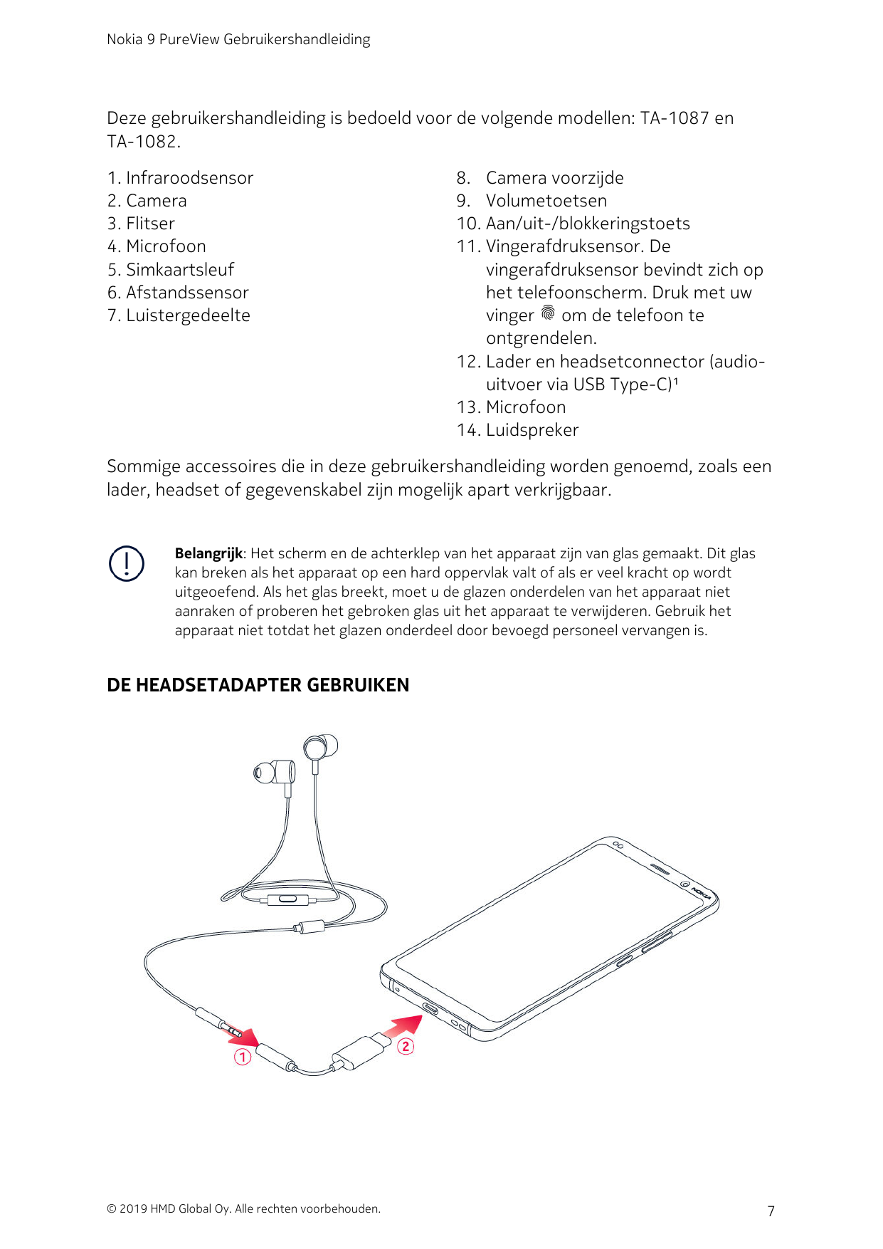 Nokia 9 PureView GebruikershandleidingDeze gebruikershandleiding is bedoeld voor de volgende modellen: TA-1087 enTA-1082.1. Infr