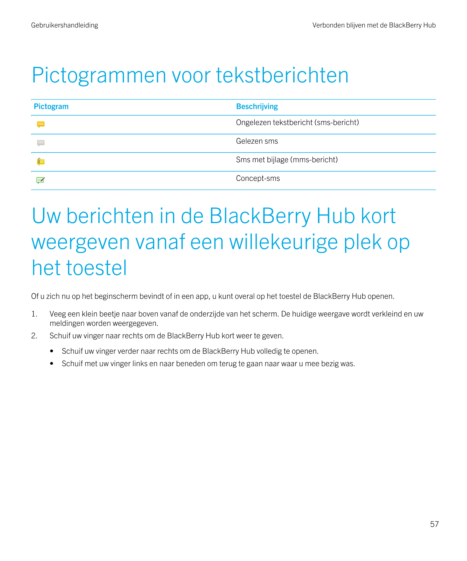 Gebruikershandleiding Verbonden blijven met de BlackBerry Hub 
Pictogrammen voor tekstberichten
Pictogram Beschrijving
Ongelezen