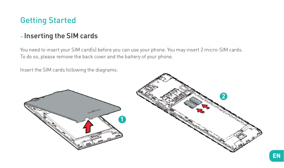 Getting Started~ Inserting the SIM cardsYou need to insert your SIM card(s) before you can use your phone. You may insert 2 micr