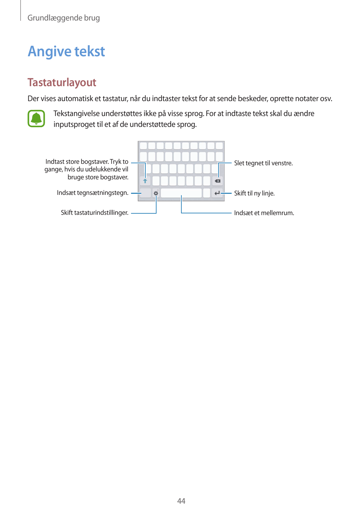 Grundlæggende brugAngive tekstTastaturlayoutDer vises automatisk et tastatur, når du indtaster tekst for at sende beskeder, opre