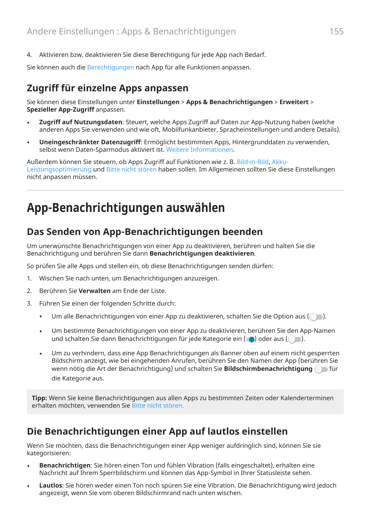 155Andere Einstellungen : Apps & Benachrichtigungen4.Aktivieren bzw. deaktivieren Sie diese Berechtigung für jede App nach Bedar