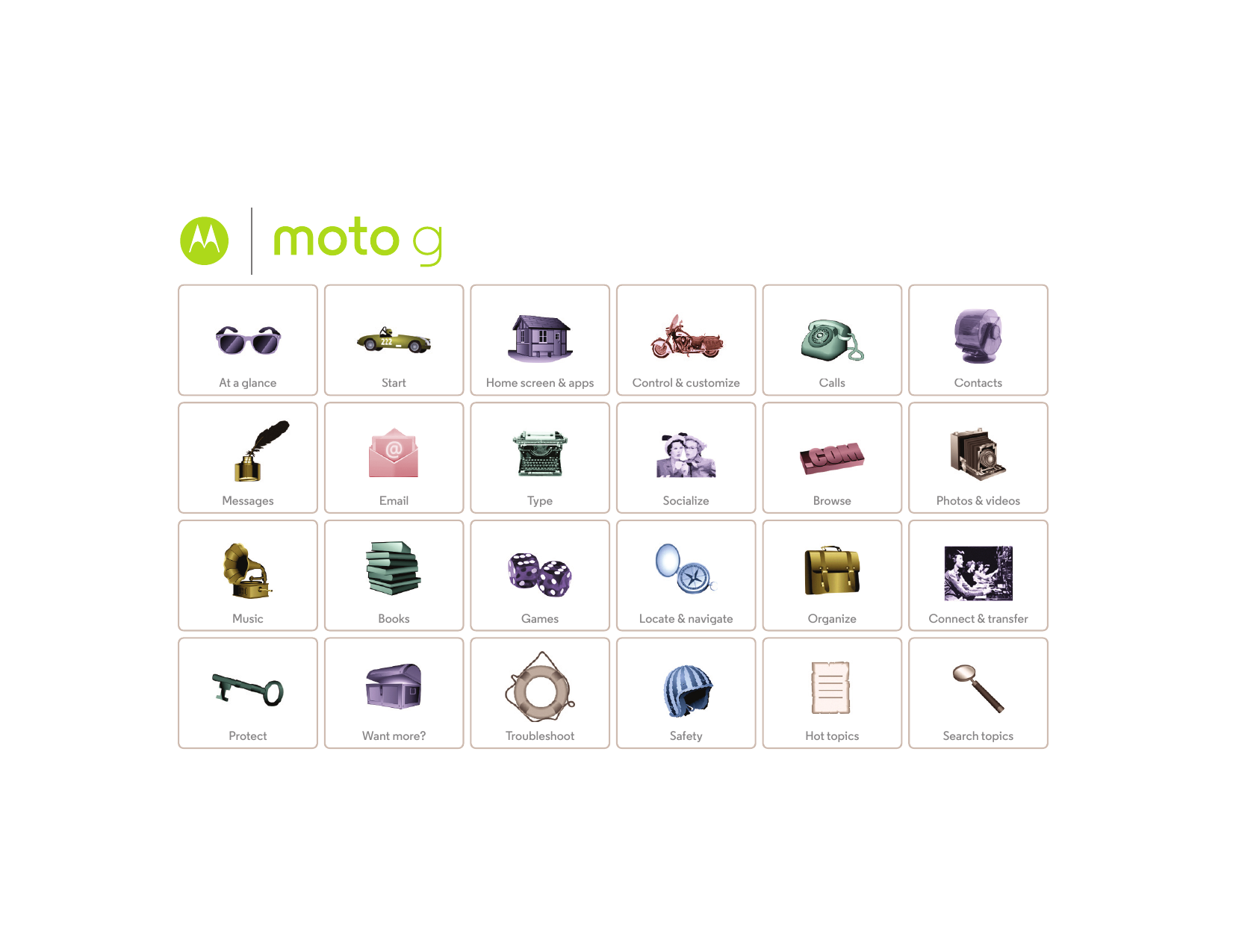 Moto GAt a glanceStarttStHome screen & appsControl & customizeCallsContactsMessagesEmailTypeSocializeBrowsePhotos & videosMusicB