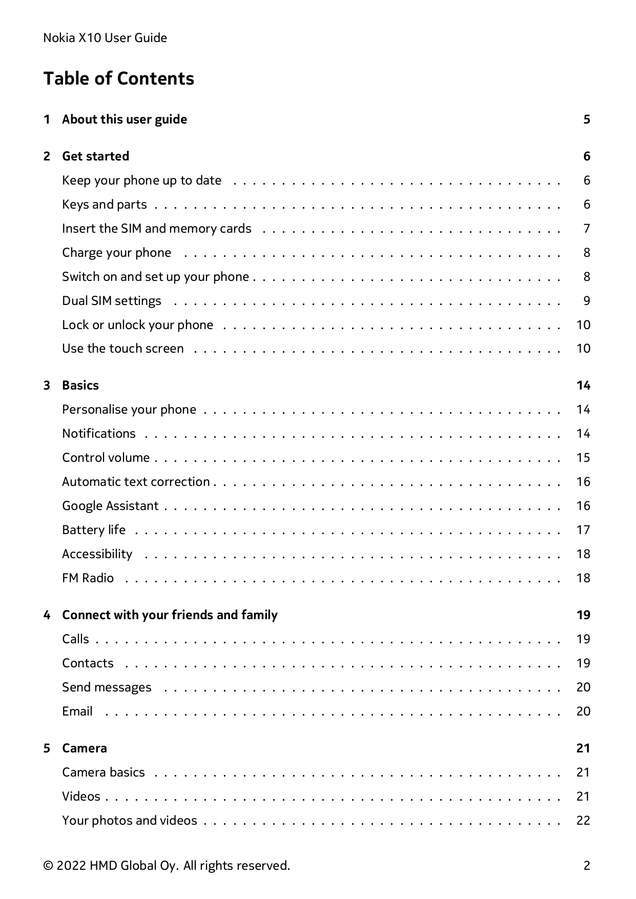 Nokia X10 User GuideTable of Contents1 About this user guide52 Get started6Keep your phone up to date . . . . . . . . . . . . . 