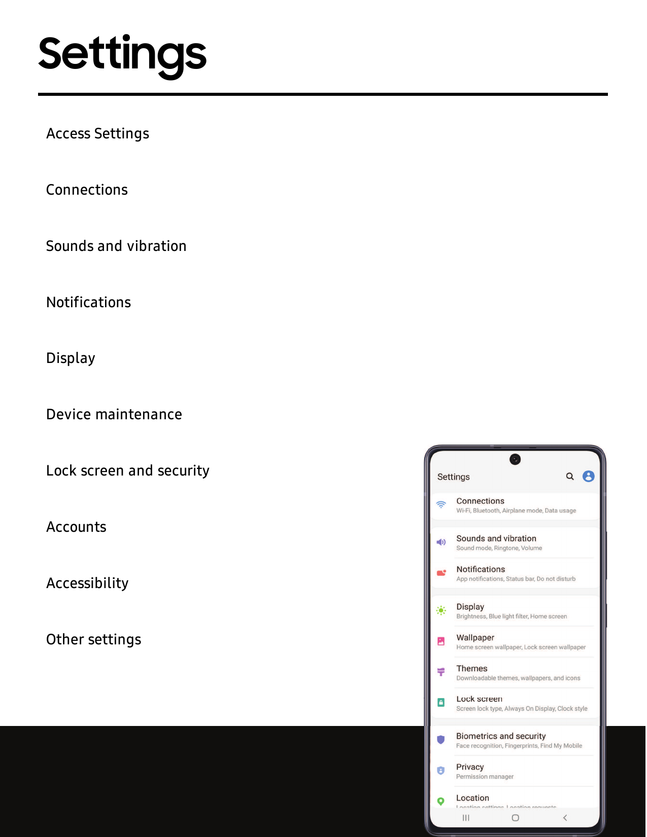SettingsAccess SettingsConnectionsSounds and vibrationNotificationsDisplayDevice maintenanceLock screen and securitySettings•oeC
