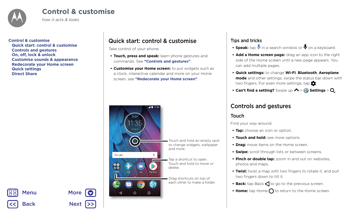Control & customisehow it acts & looksControl & customiseQuick start: control & customiseControls and gesturesOn, off, lock & un