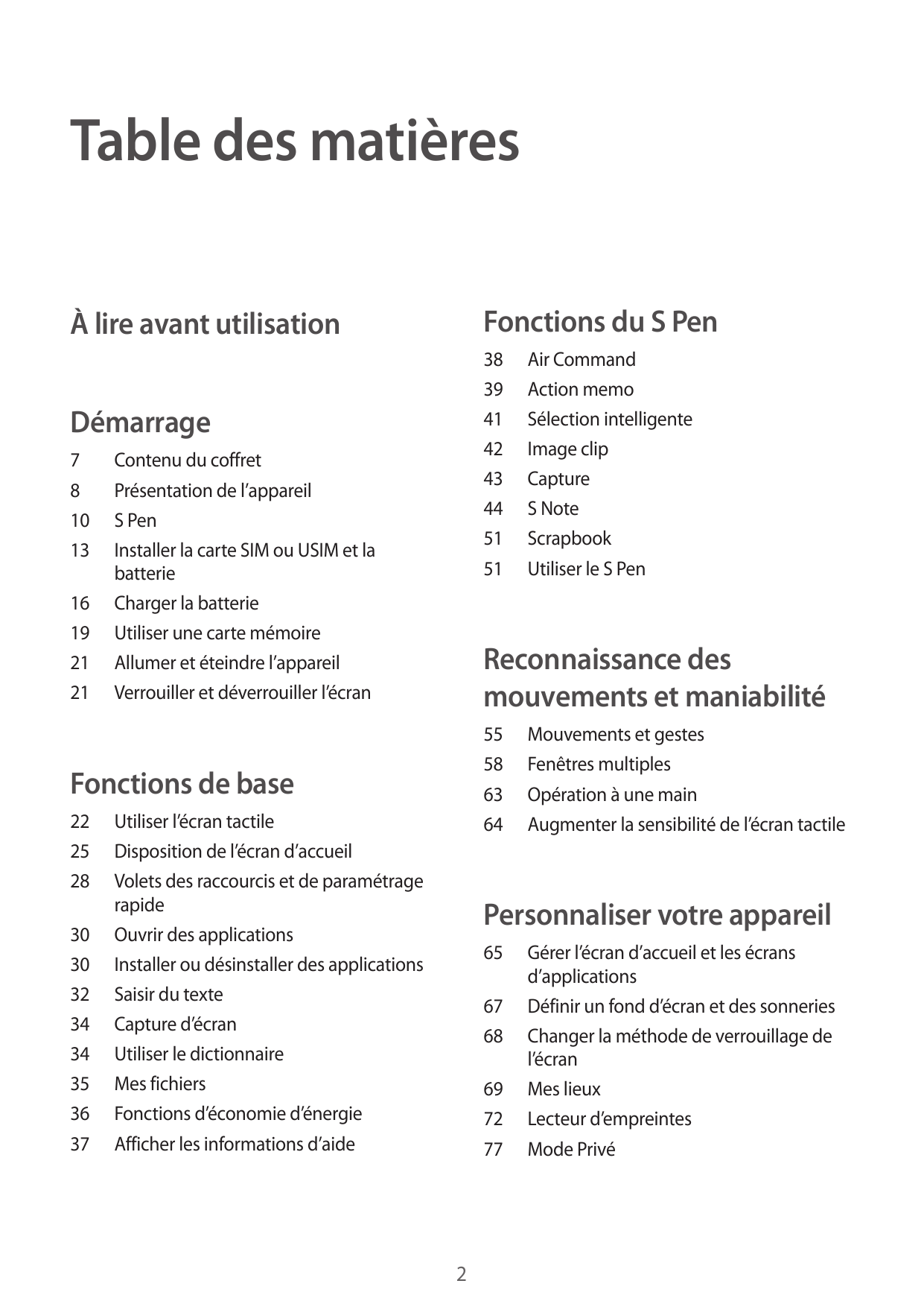 Table des matièresFonctions du S PenÀ lire avant utilisation38 Air Command39 Action memo41 Sélection intelligente42 Image clip43