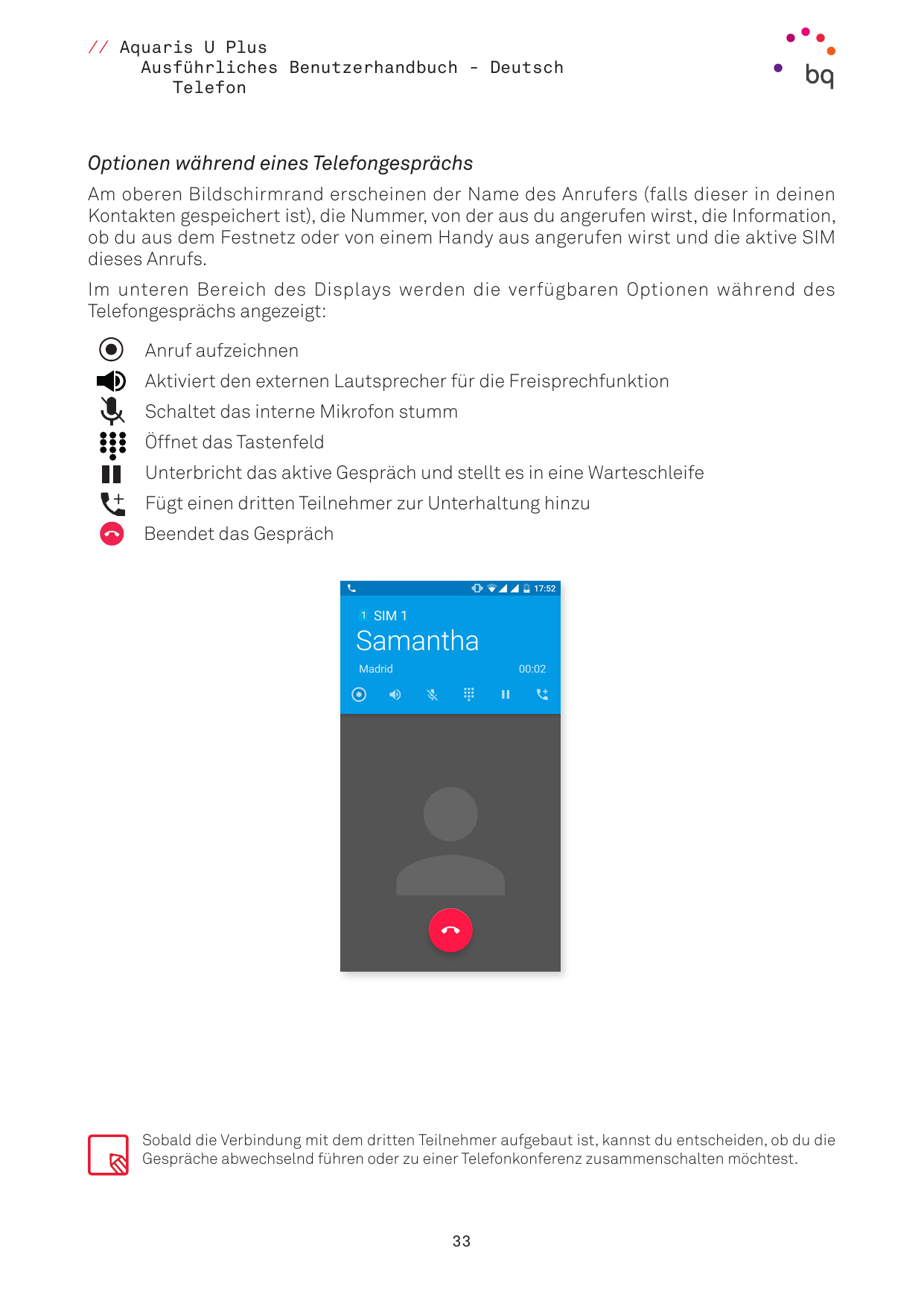 // Aquaris U PlusAusführliches Benutzerhandbuch - DeutschTelefonOptionen während eines TelefongesprächsAm oberen Bildschirmrand 