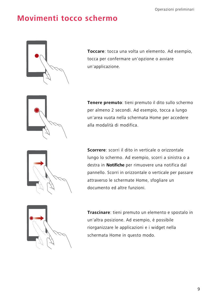 Operazioni preliminariMovimenti tocco schermoToccare: tocca una volta un elemento. Ad esempio,tocca per confermare un'opzione o 