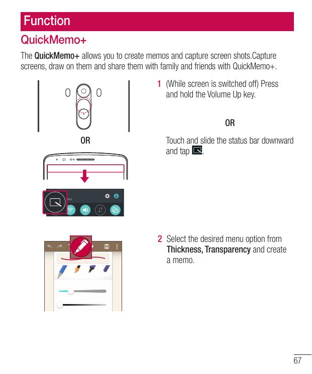 FunctionQuickMemo+The QuickMemo+ allows you to create memos and capture screen shots.Capturescreens, draw on them and share them
