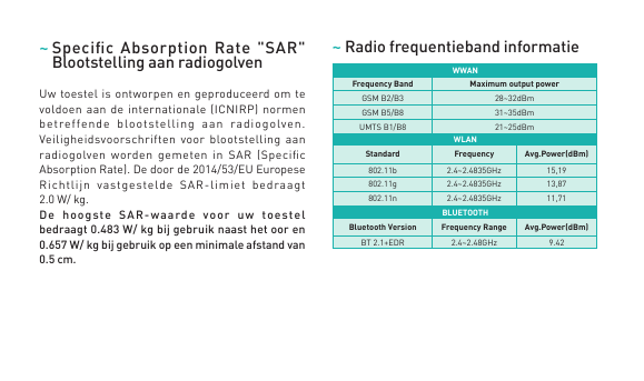 ~ S pecific Absorption Rate "SAR"Blootstelling aan radiogolvenUw toestel is ontworpen en geproduceerd om tevoldoen aan de intern