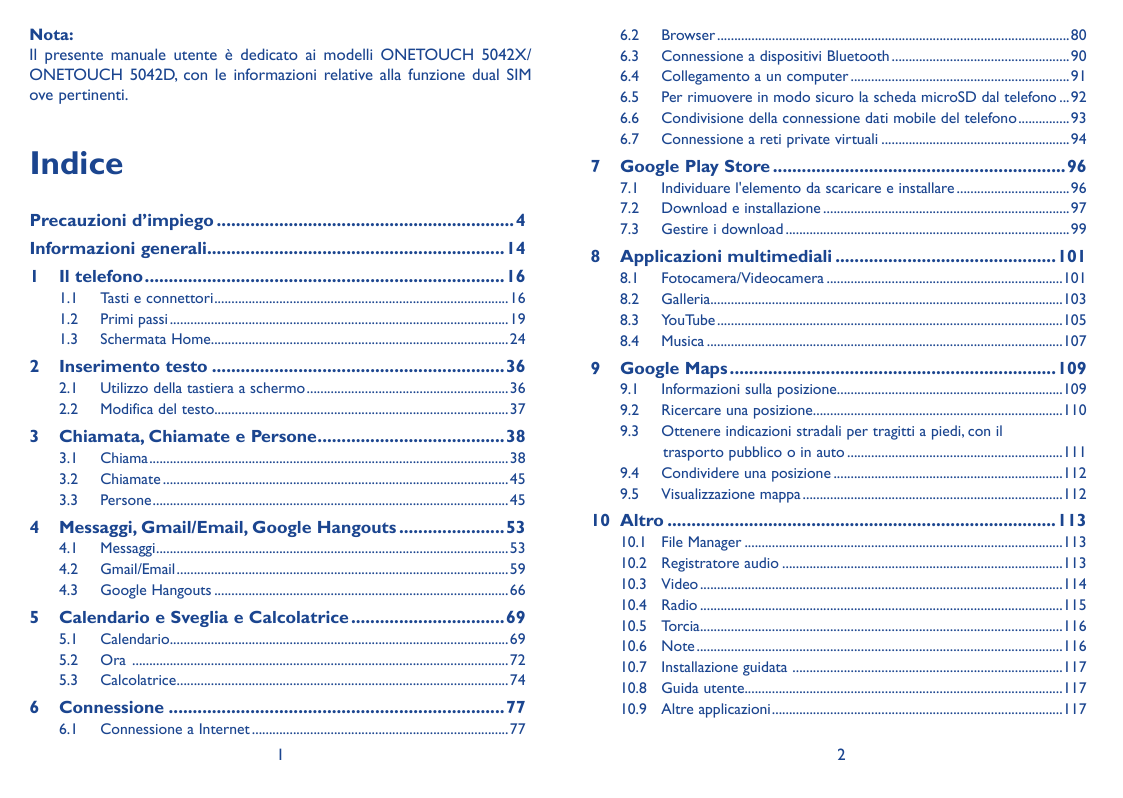Nota:Il presente manuale utente è dedicato ai modelli ONETOUCH 5042X/ONETOUCH 5042D, con le informazioni relative alla funzione 