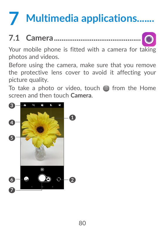 7 Multimedia applications........7.1 Camera...............................................Your mobile phone is fitted with a cam