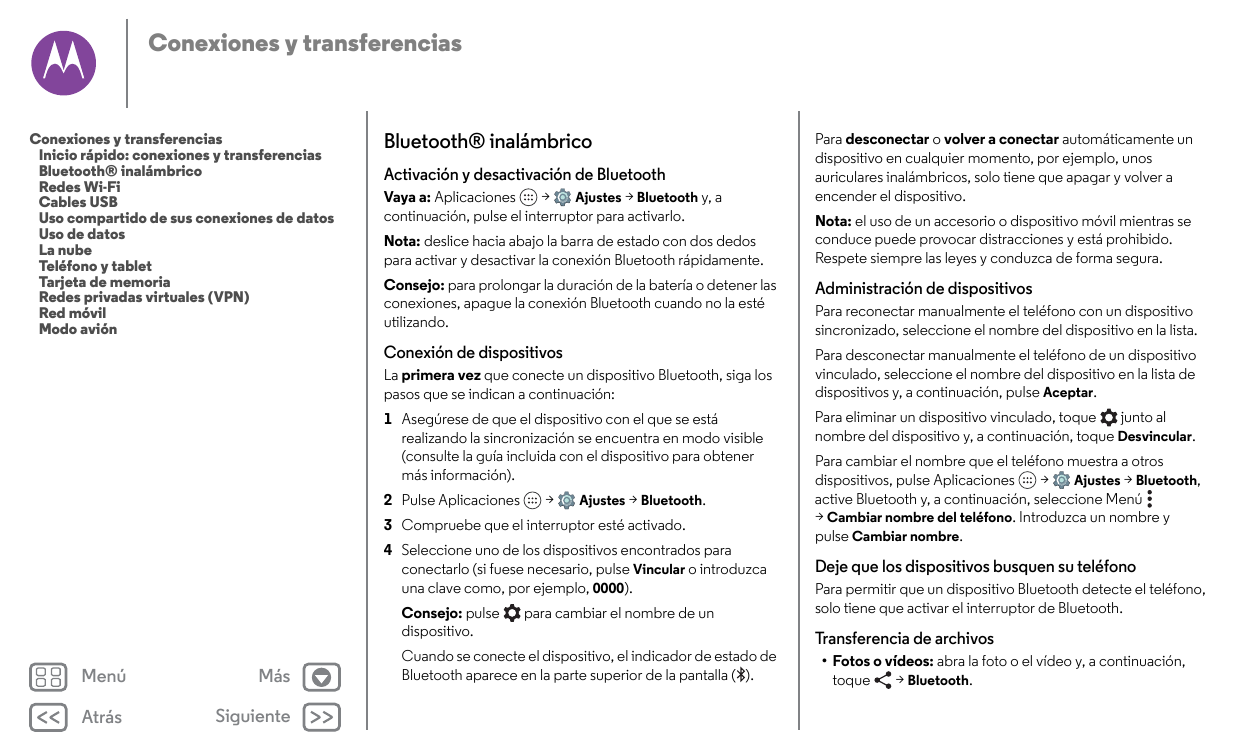 Conexiones y transferenciasConexiones y transferenciasInicio rápido: conexiones y transferenciasBluetooth® inalámbricoRedes Wi-F