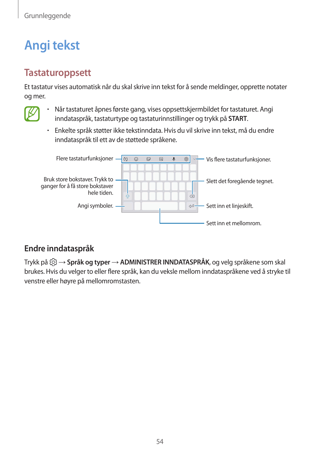 GrunnleggendeAngi tekstTastaturoppsettEt tastatur vises automatisk når du skal skrive inn tekst for å sende meldinger, opprette 