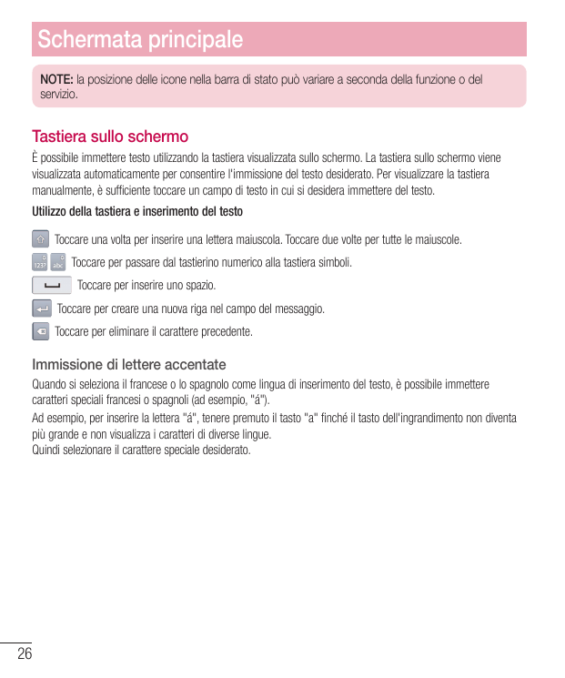 Schermata principaleNOTE: la posizione delle icone nella barra di stato può variare a seconda della funzione o delservizio.Tasti