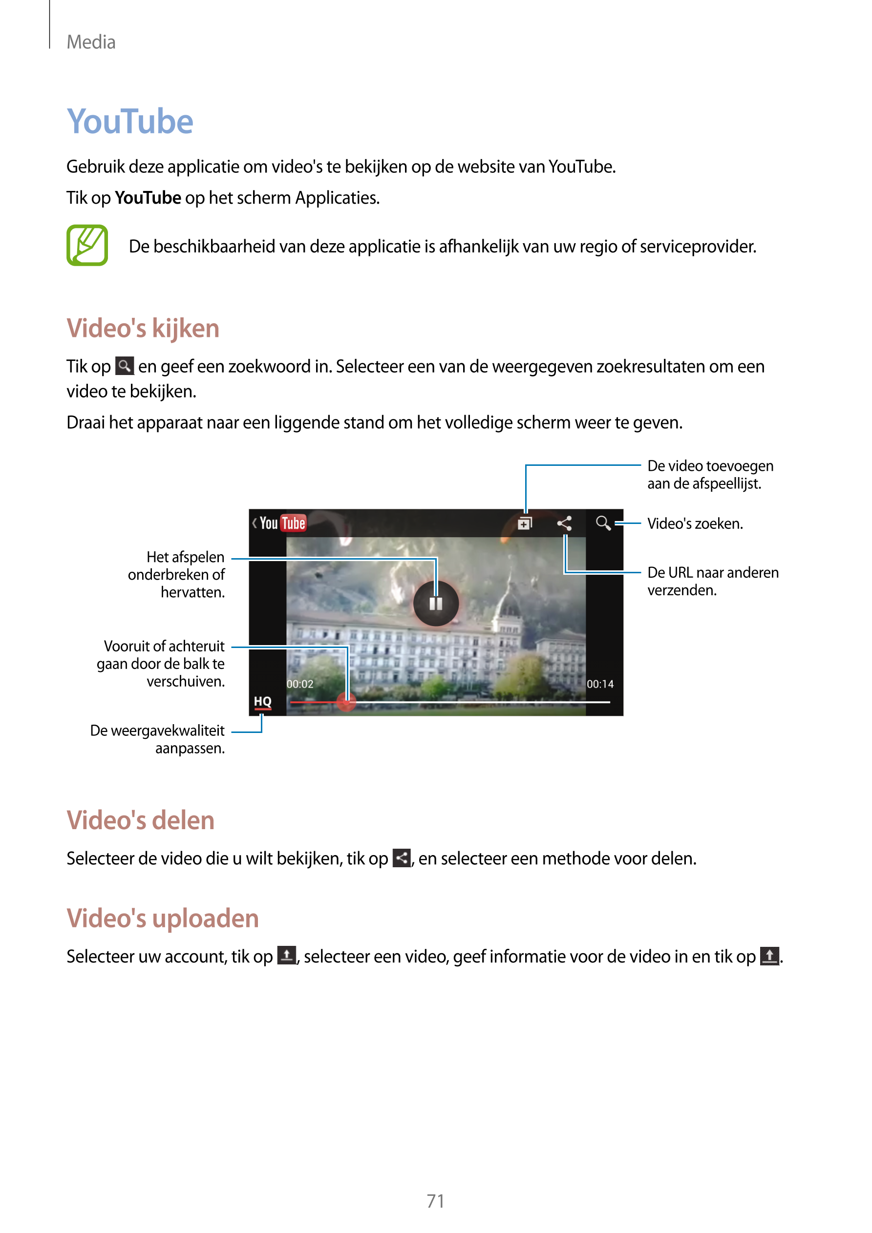 Media
YouTube
Gebruik deze applicatie om video's te bekijken op de website van YouTube.
Tik op  YouTube op het scherm Applicatie